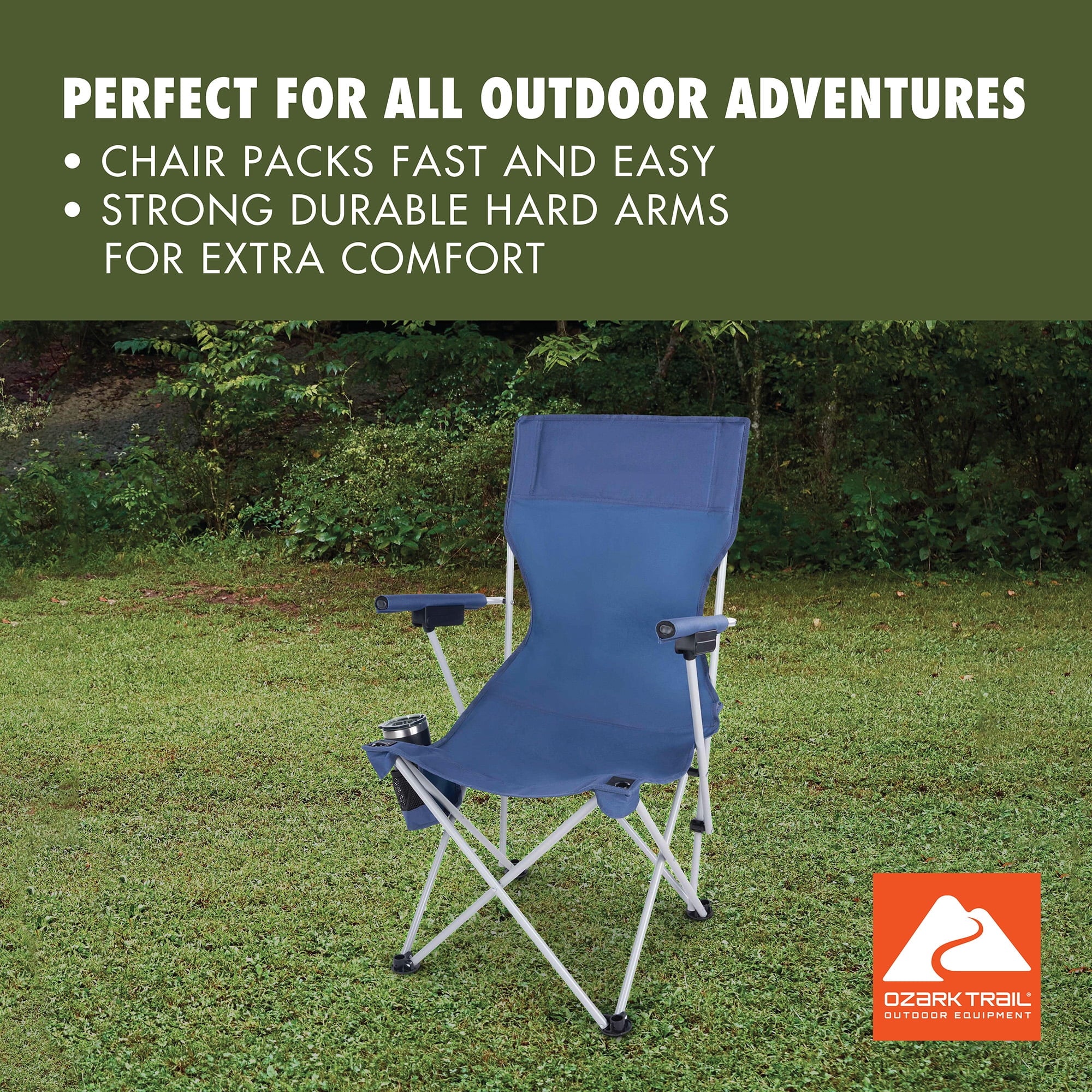 Ozark Trail Hard Arm Camping Chair with Durable Polyester Seat and Steel Frame, Portable with Cup Holder