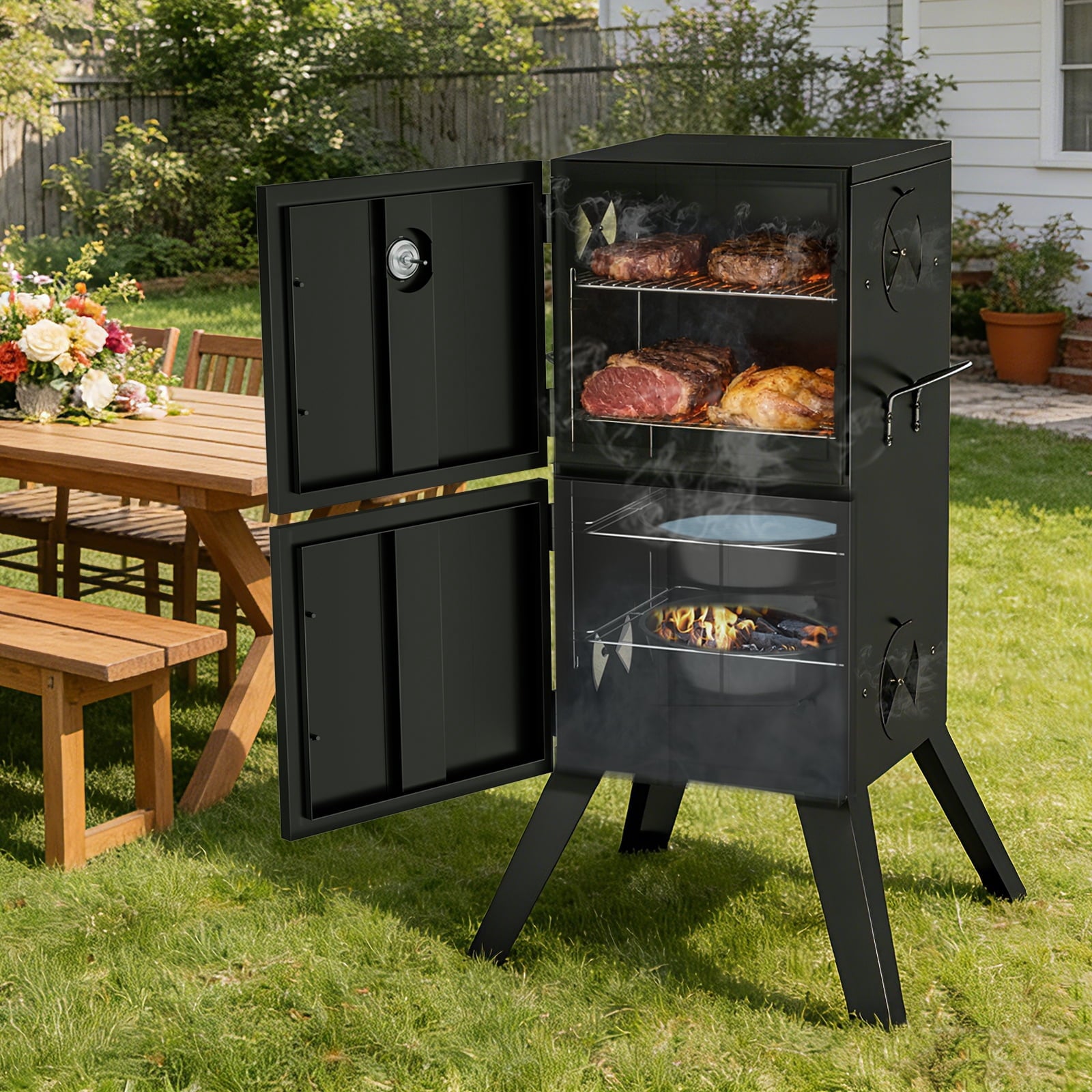 Kingchii Vertical Charcoal Smoker BBQ Grill with Built-in Thermometer, Portable Smoker for Backyard, Camping, Barbecue, and Outdoor Grilling