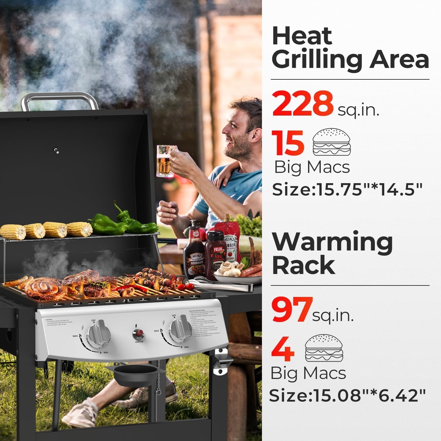 3-Burner Propane Gas Grill with Side Burner,34,000 BTU Stainless Steel BBQ Grill with Side Shelves and Wheels,Outdoor Grill for for Patio,Backyard,Garden,Camping Cooking