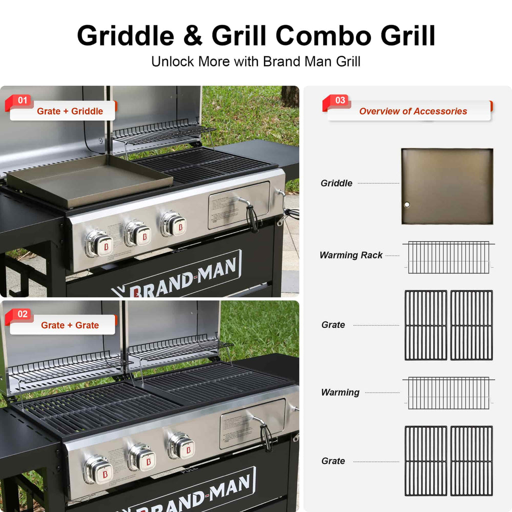Brand Man Propane Gas & Charcoal Grill Combo with Griddle Dual Fuel BBQ Grill for Outdoor Barbecue, Black