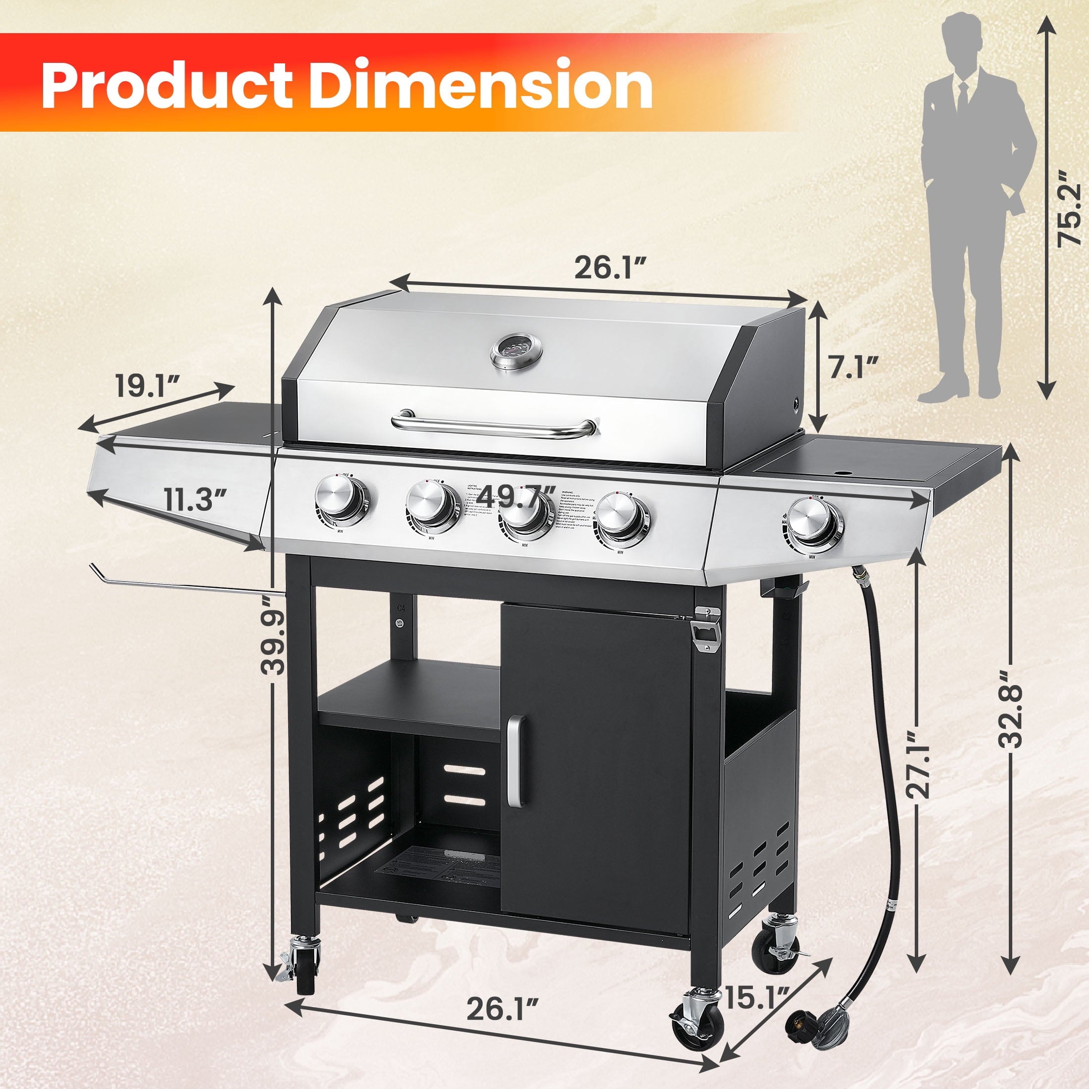 Segmart 4 Burner BBQ Propane Gas Grill with Side Burner, Stainless Steel 50,000 BTU Patio Barbecue Grill with Shelf, Gas Tank Hook, Towel Rack & Bottle Opener, Fits for Camping, Outdoor Cooking