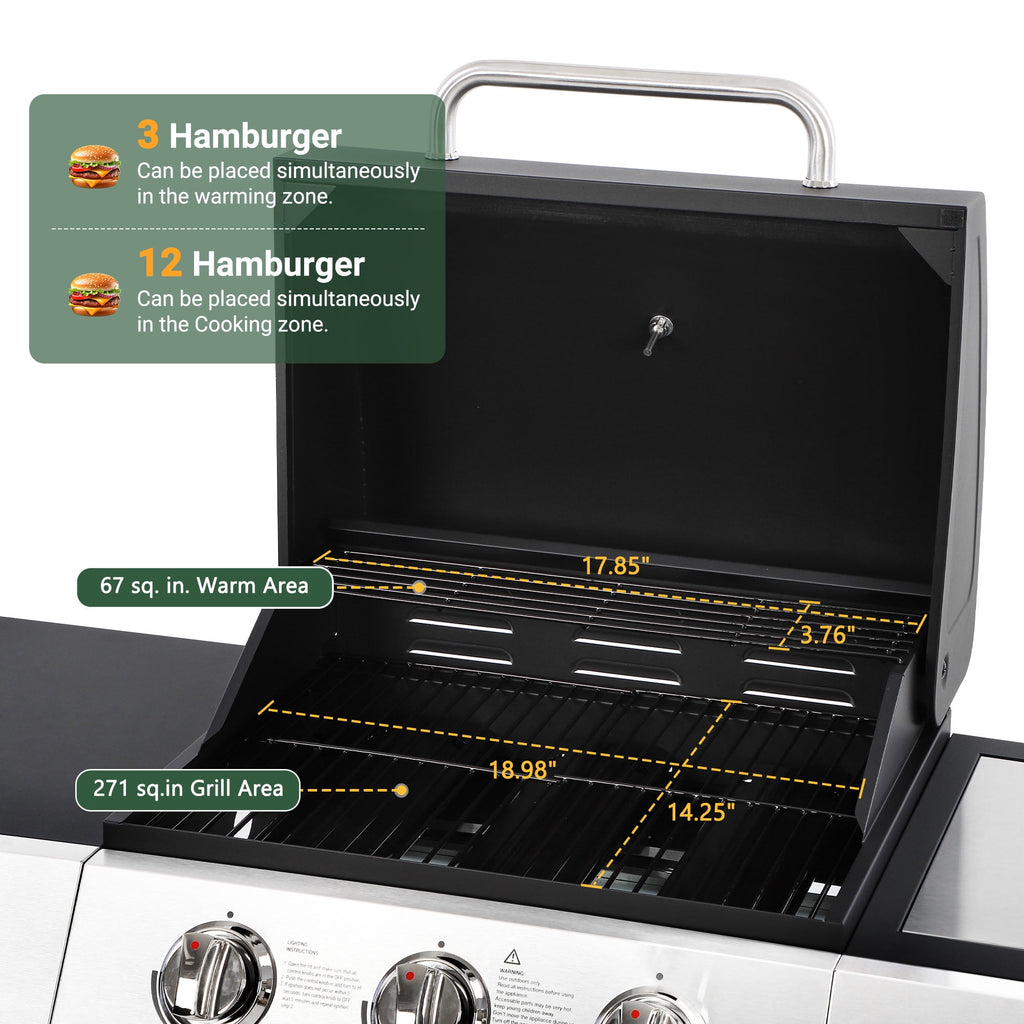 Enyopro 3-Burner Propane Gas Grill, 30000 BTU BBQ Grill with Foldable Side Table, Stainless Steel Warming Rack, Hooks, and Built-In Bottle Opener for Outdoor Barbecue