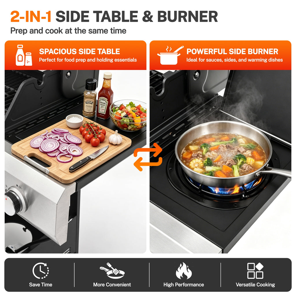 Segmart 4 Burner BBQ Propane Gas Grill with Side Burner, Stainless Steel 50,000 BTU Patio Barbecue Grill with Shelf, Gas Tank Hook, Towel Rack & Bottle Opener, Fits for Camping, Outdoor Cooking