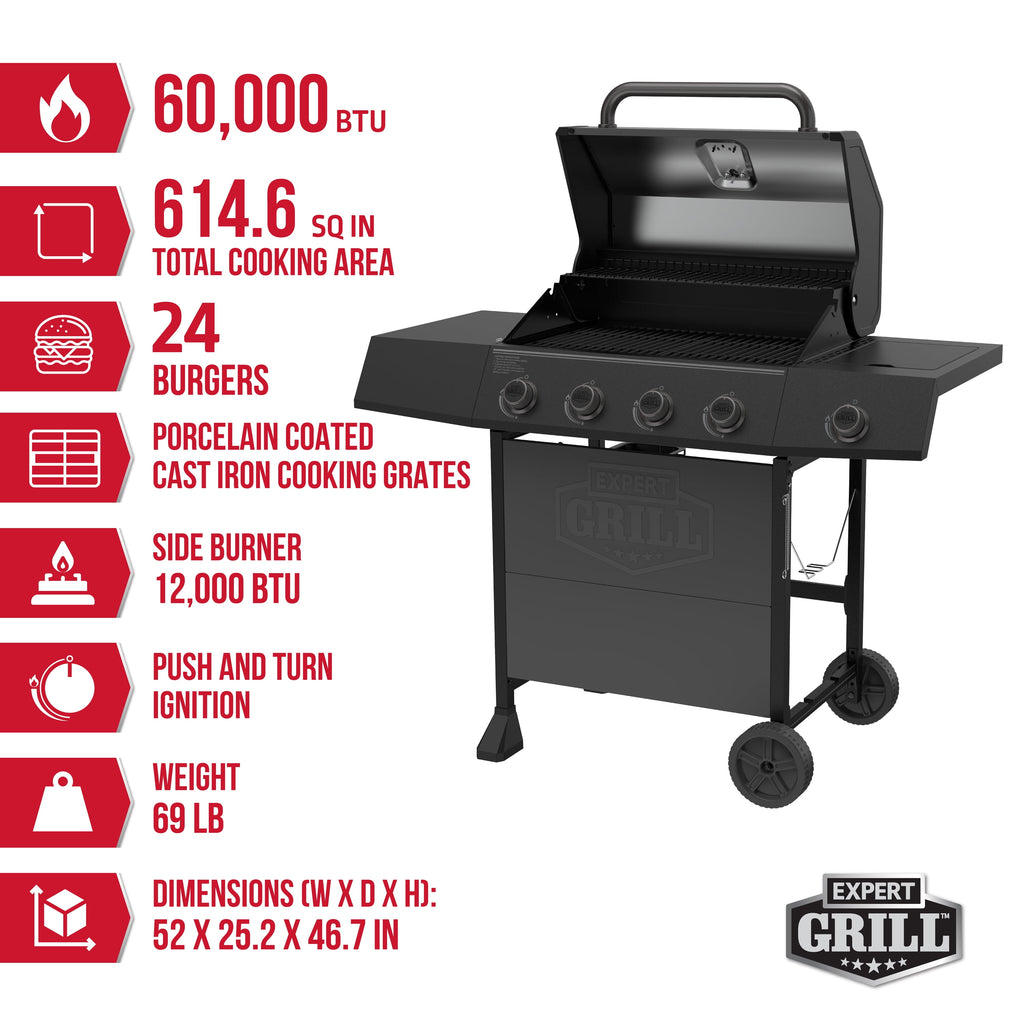 Expert Grill, 4-Burner Propane Gas Grill with Side Table and Wheels, Stainless Steel