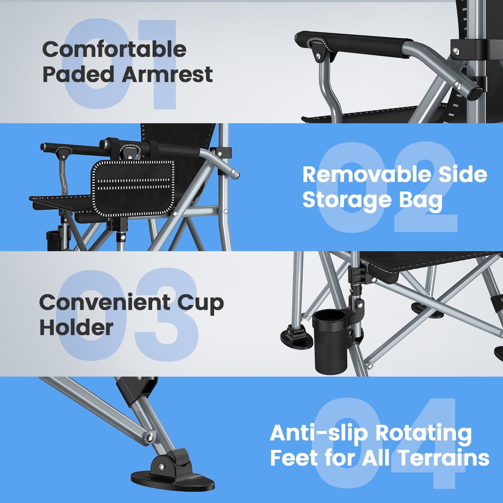 LNOW Folding Camping Chair with Cup Holder & Side Pocket Lightweight Portable Chairs for Beach, Sports, Fishing, ‌‌Black