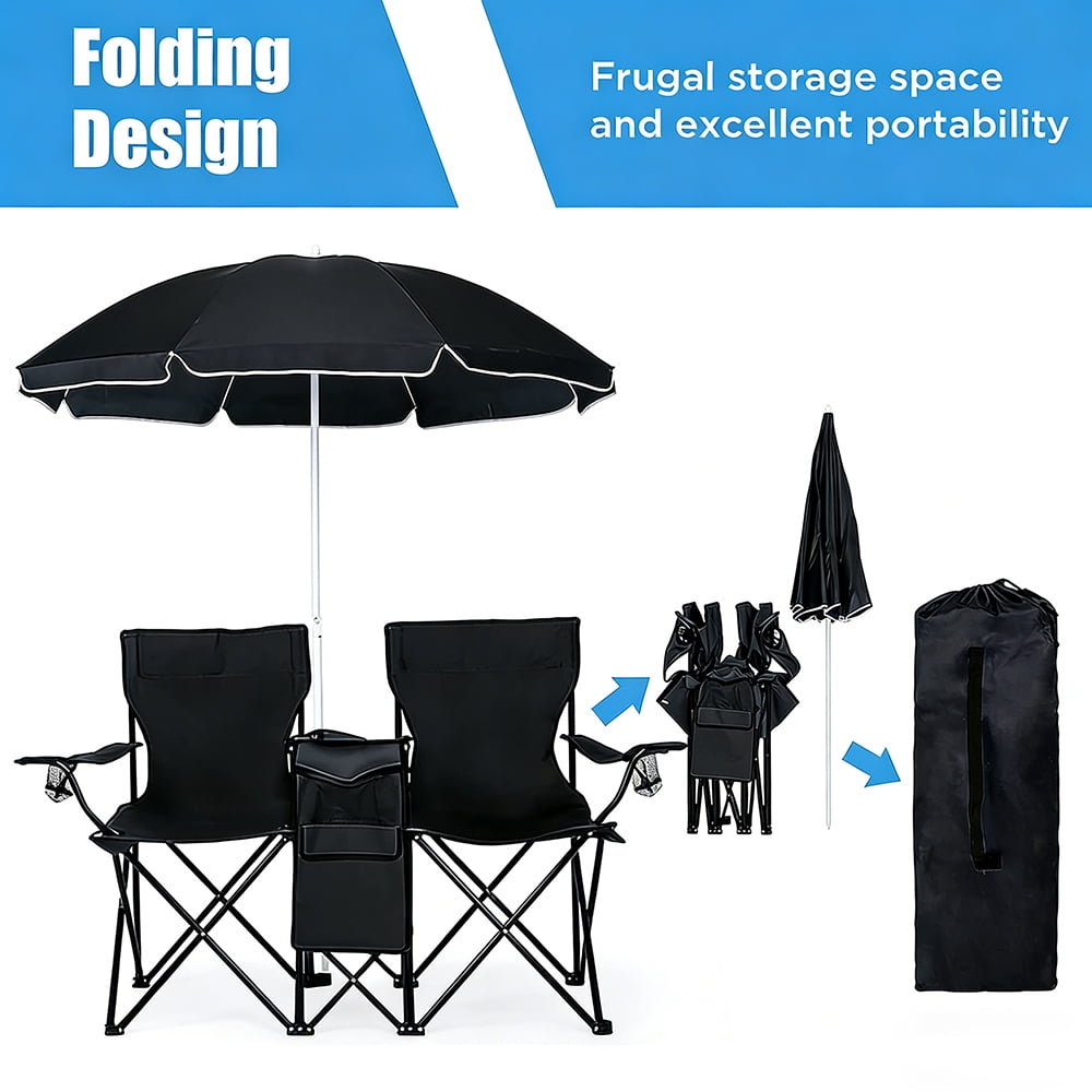 COWIN Outdoor Foldable Picnic Double Chair ,Camping Chairs with Umbrella Camping Double Portable Chairs Folding Beach Chair with Insulation Bag,Backpacking Blue