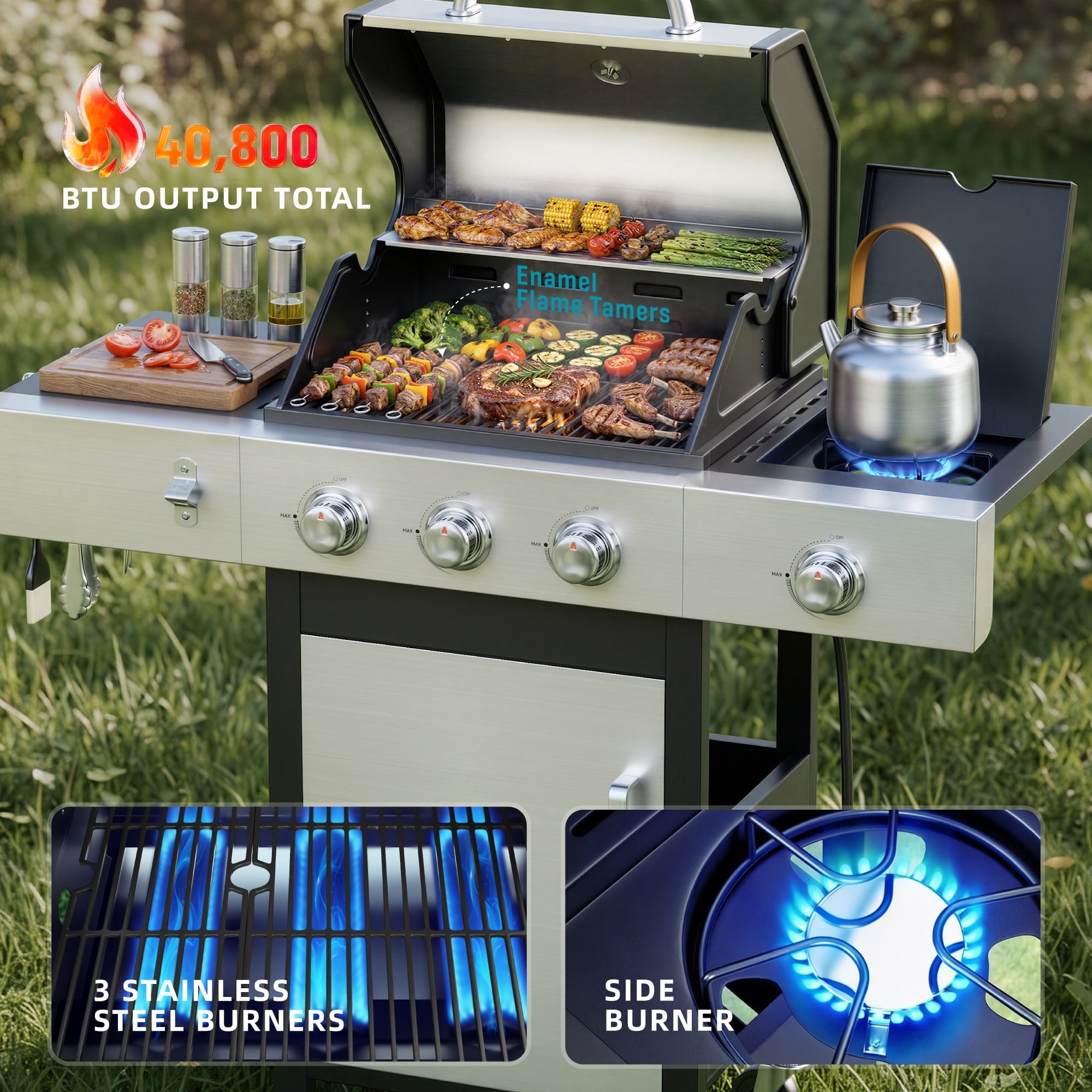 Biotree 3 Burner Gas Grill with Side Burner,40800 BTU Barbecue Grill Propane Stainless Steel BBQ Grill with Porcelain-Enameled Cast Iron Grates for Outdoor Cooking