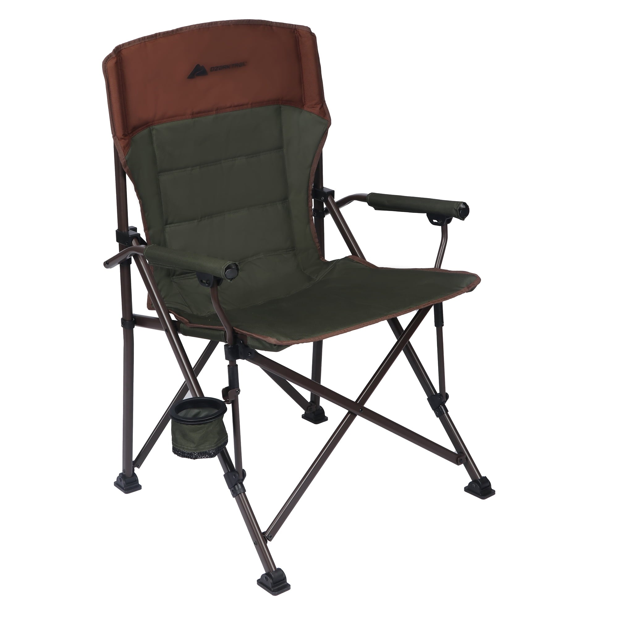 Ozark Trail Heavy Duty Hard Arm Camp Chair with Adjustable Cupholder, Tensioned Seat Fabric, Brown