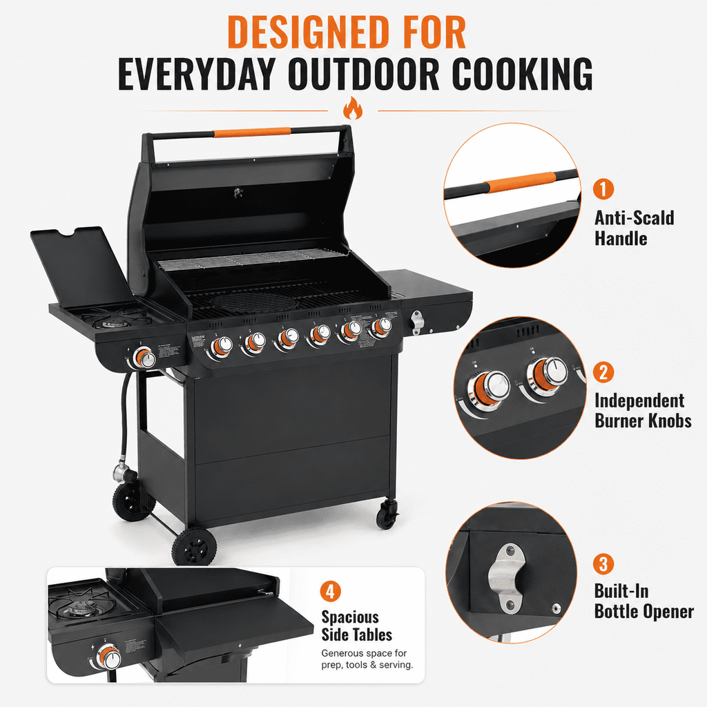 6-Burner Propane Gas Grill with Side Burner, 59000 BTU Outdoor BBQ Grill with Porcelain-Enameled Grates, Warming Rack, Side Tables, Bottle Opener, Thermometer and Wheels for Patio Backyard Cooking