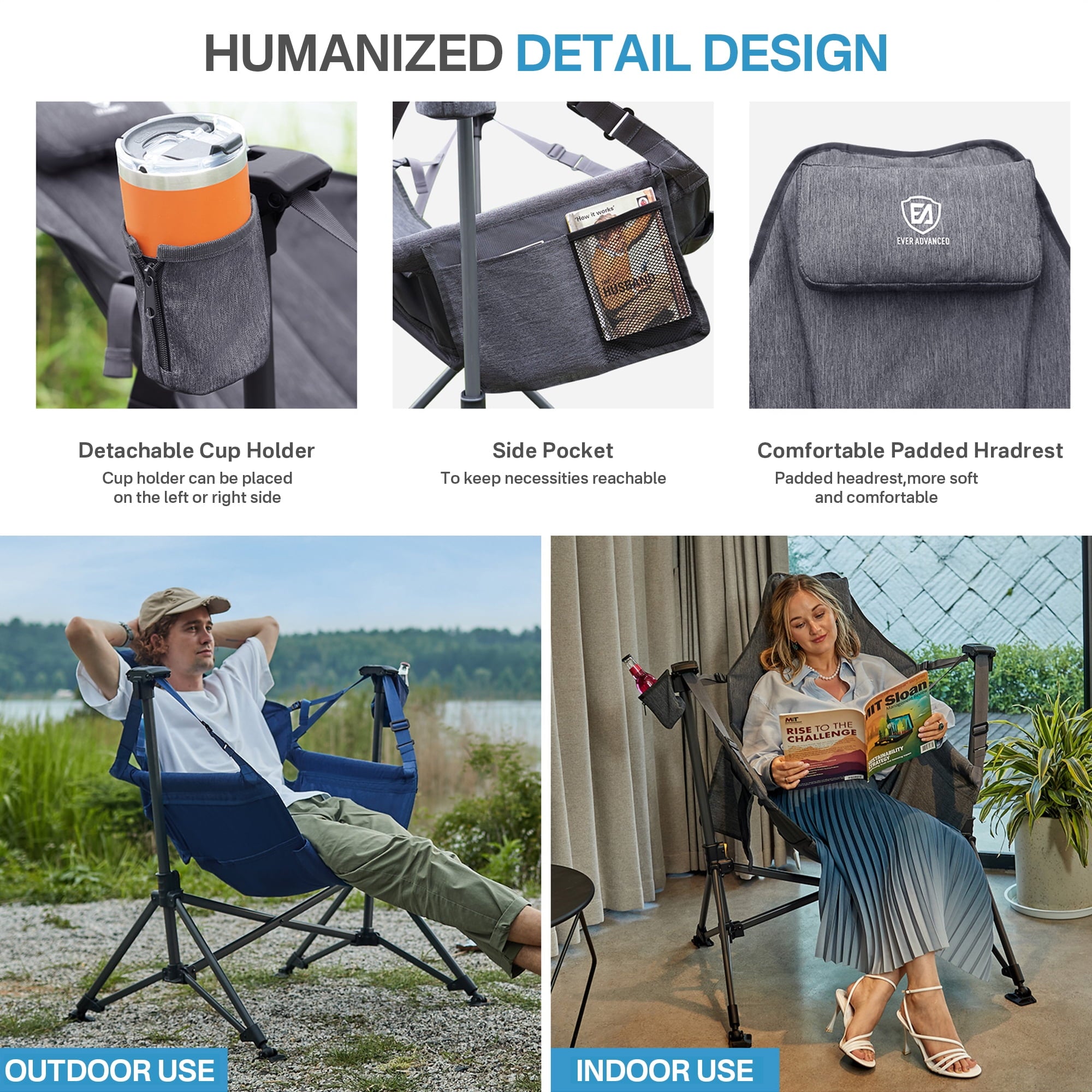 Hammock Camping Folding Chair for Outdoor with Adjustable Back and Padded Seat, Grey
