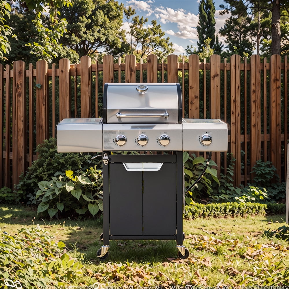 Highsound 4-Burner Propane Gas Grill with Side Burner, 51,000 BTU Outdoor Barbecue Grill, Stainless Steel BBQ Grill for Backyard Cooking, Black
