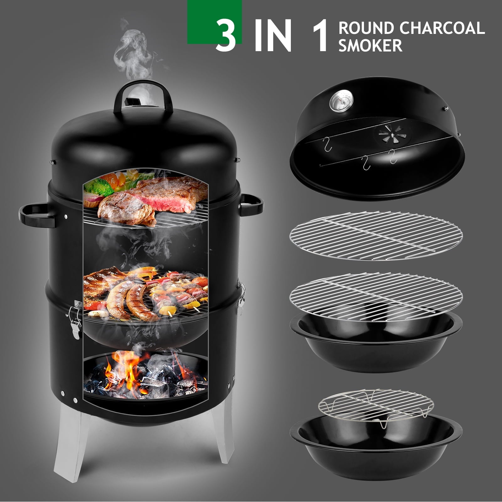 Zimtown BBQ Charcoal Grill Outdoor Barbecue Pit Smoker with 3 Levels Patio Backyard Black