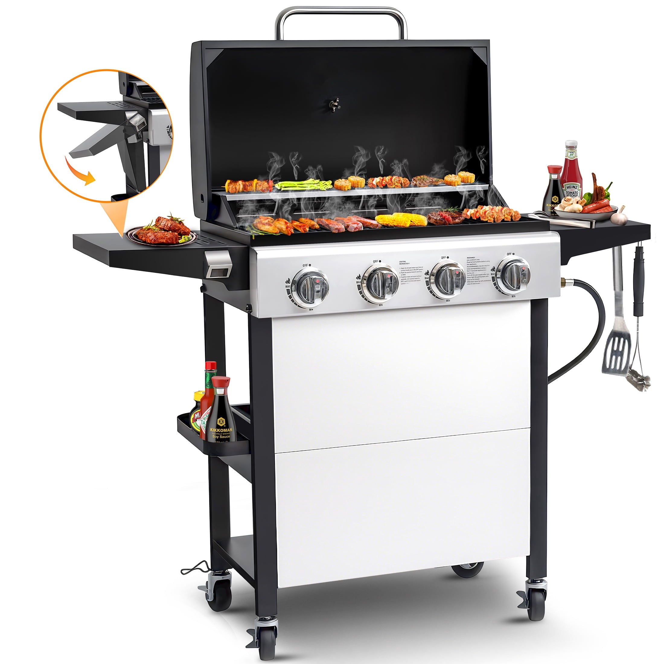 Segmart 3 Burner BBQ Propane Gas Grill, Stainless Steel 27,000 BTU Patio Garden Barbecue Grill with Side Tables, Hanging Basket & Thermometer, Perfect for Camping, Outdoor Cooking