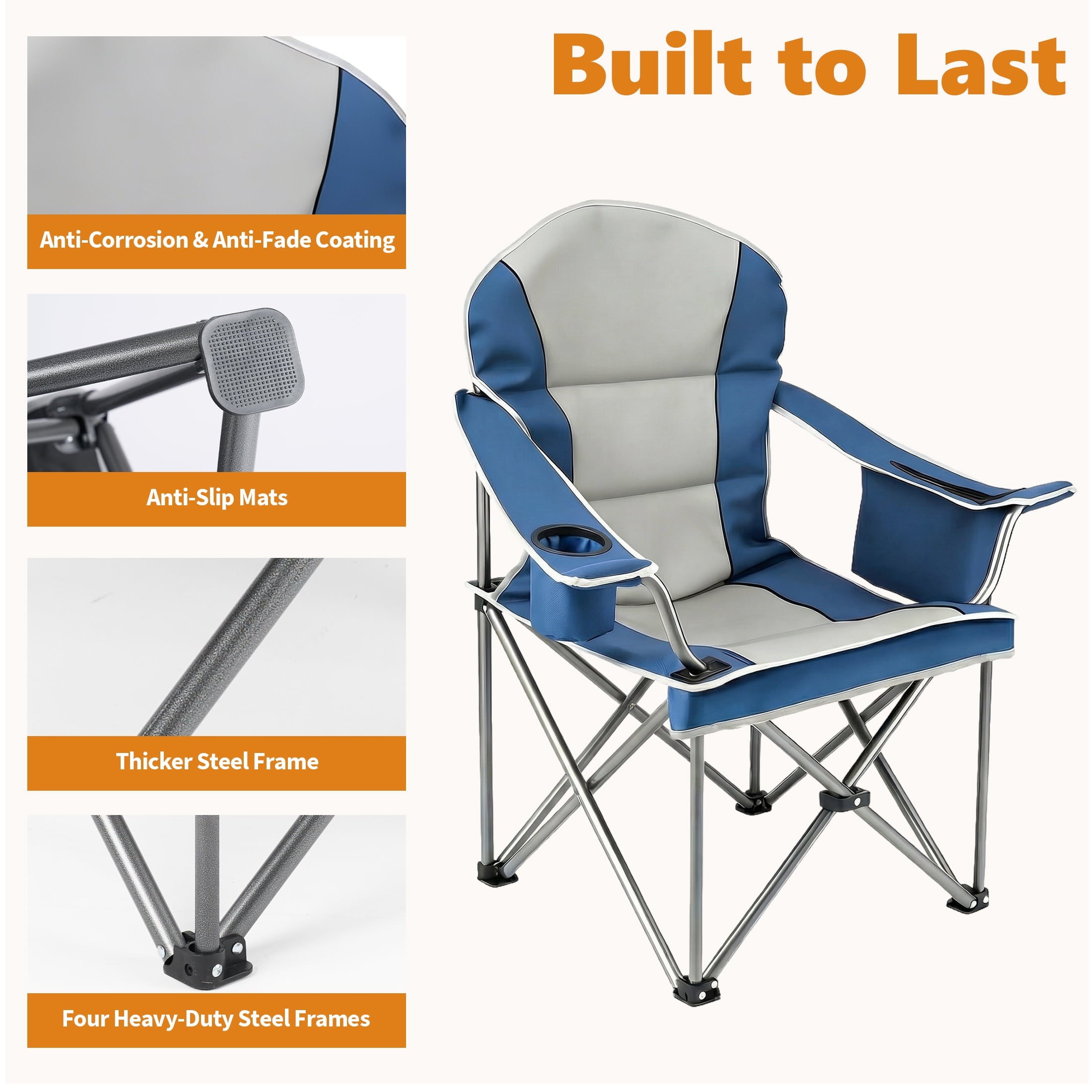 EDX Heavy Duty Camping Chair 500 lb Capacity, Oversized Extra Wide for Adults, Padded High Back Folding Lawn Chair, 500 lbs Steel Frame, Portable Outdoor Camping Chair with Cup Holder, Red Gray