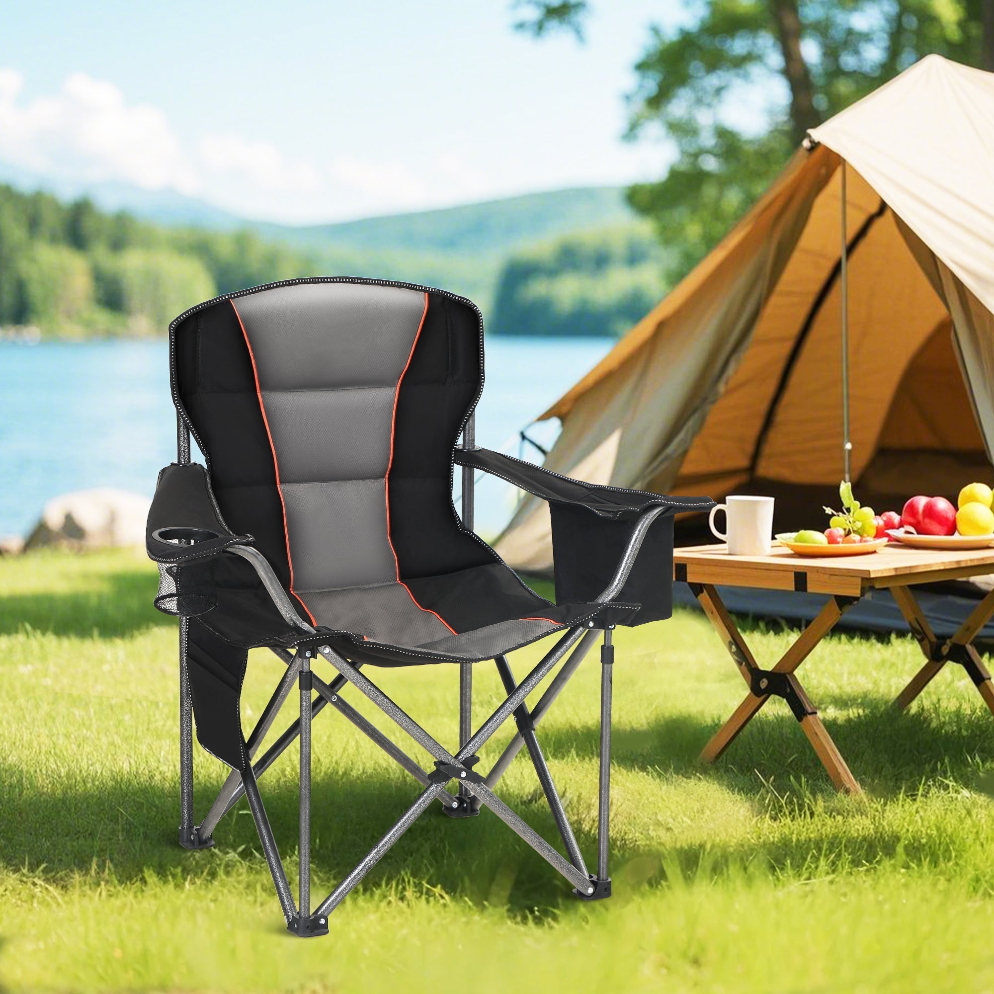 Sophia & William 2 Pack Oversized Camping Chair Heavy-Duty Steel Frame Supports 450Lbs, Foldable Outdoor Lawn Chair with Cup Holder for Backyard & Camping, Black