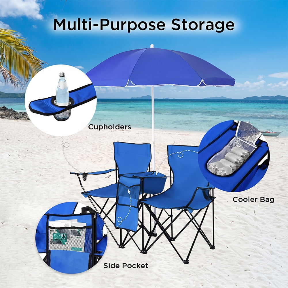 COWIN Outdoor Foldable Picnic Double Chair ,Camping Chairs with Umbrella Camping Double Portable Chairs Folding Beach Chair with Insulation Bag,Backpacking Blue