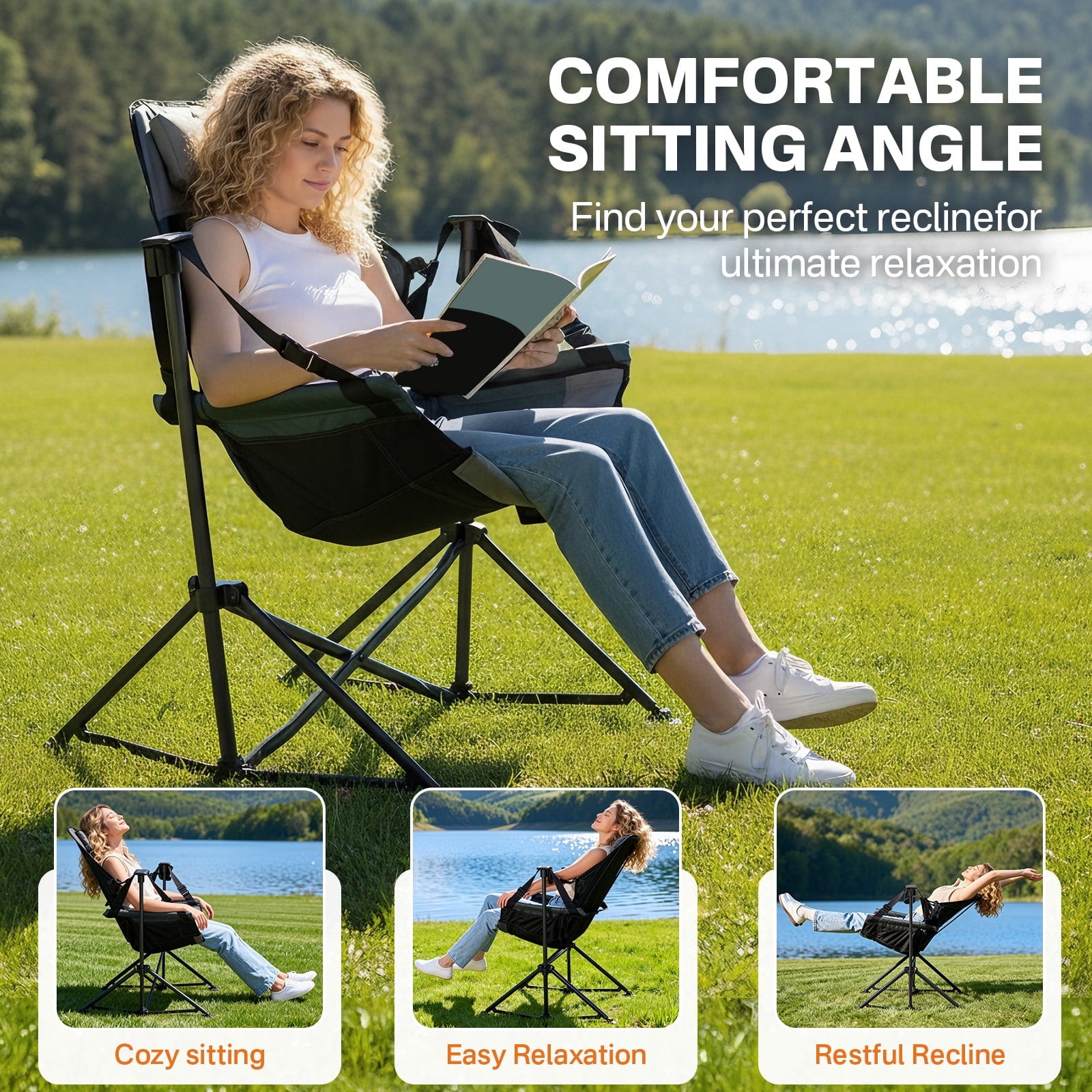Hammock Camping Folding Chair for Outdoor with Adjustable Back and Padded Seat, Grey