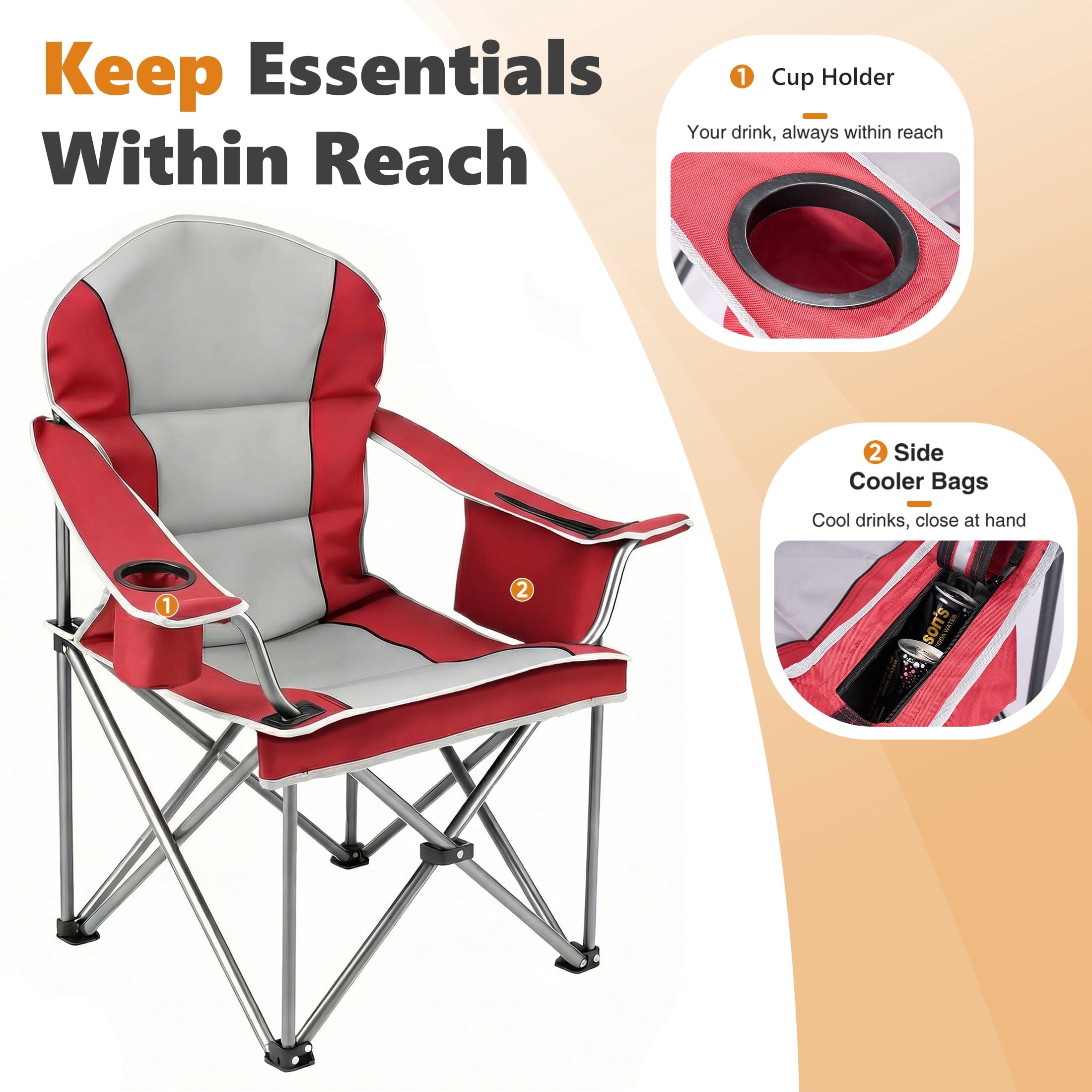EDX Heavy Duty Camping Chair 500 lb Capacity, Oversized Extra Wide for Adults, Padded High Back Folding Lawn Chair, 500 lbs Steel Frame, Portable Outdoor Camping Chair with Cup Holder, Red Gray