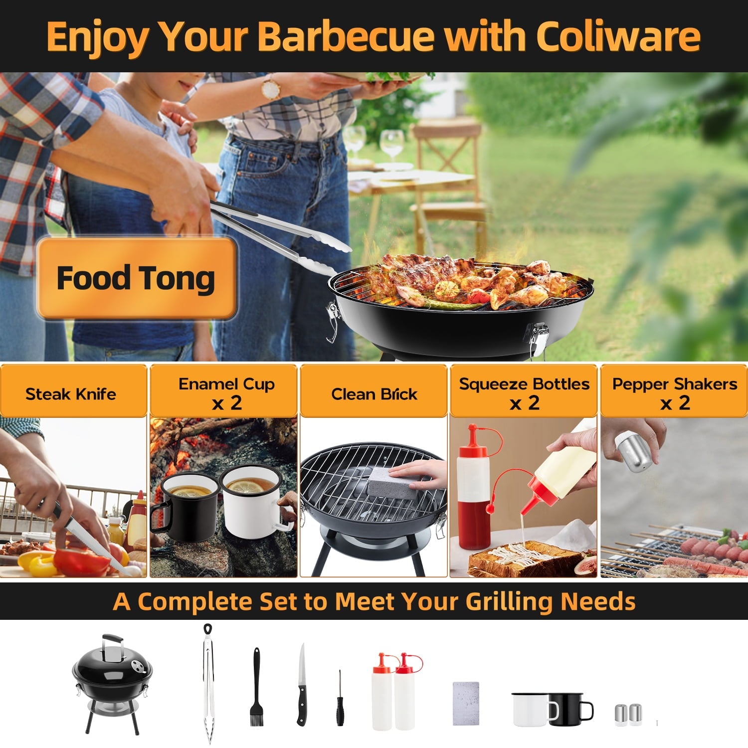 Coliware 14 inch Small Charcoal Grill, Portable Chargrills Tabletop Grill with accessories tools, Expert Barbecue Smoker for picnic camping patio backyard, Outdoor Oven