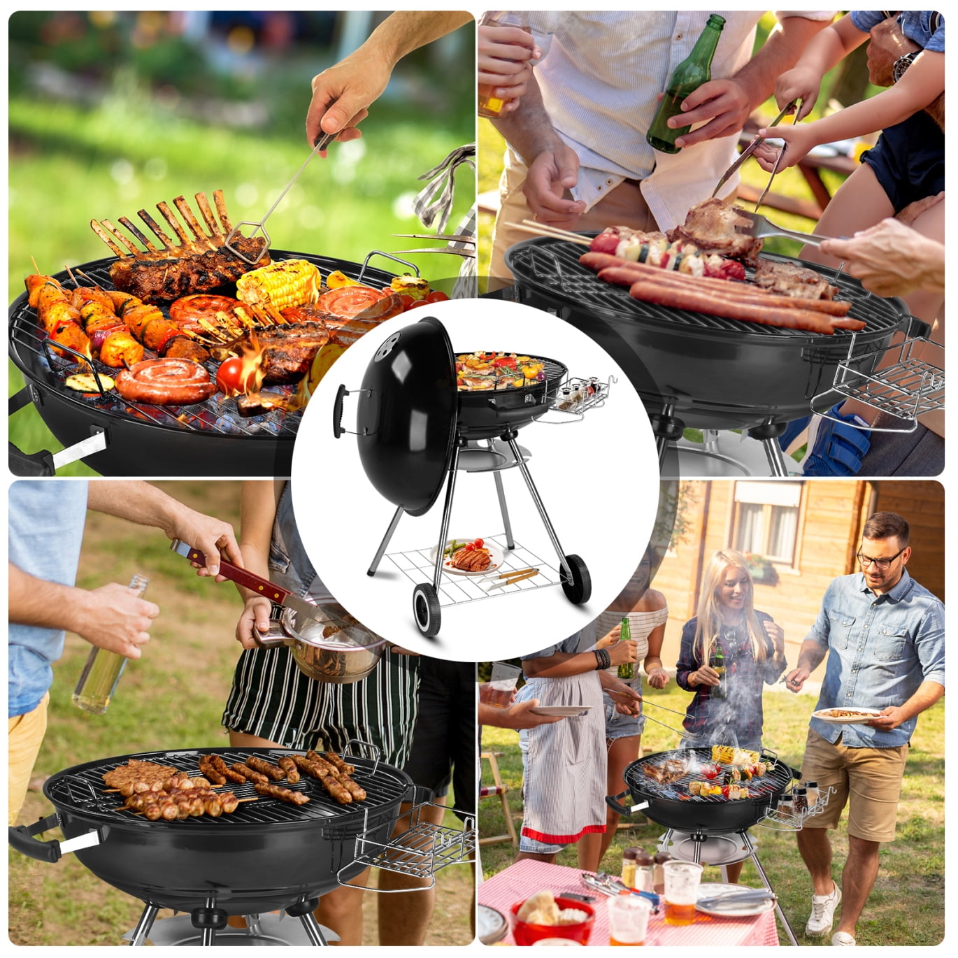 28-Inch Portable Charcoal Grill with Wheels and Storage Holder, Porcelain-Enameled Lid and Ash Catcher & Thermometer, Round Barbecue Kettle Grill Bowl Wheels for Outdoor Party Camping Picnic