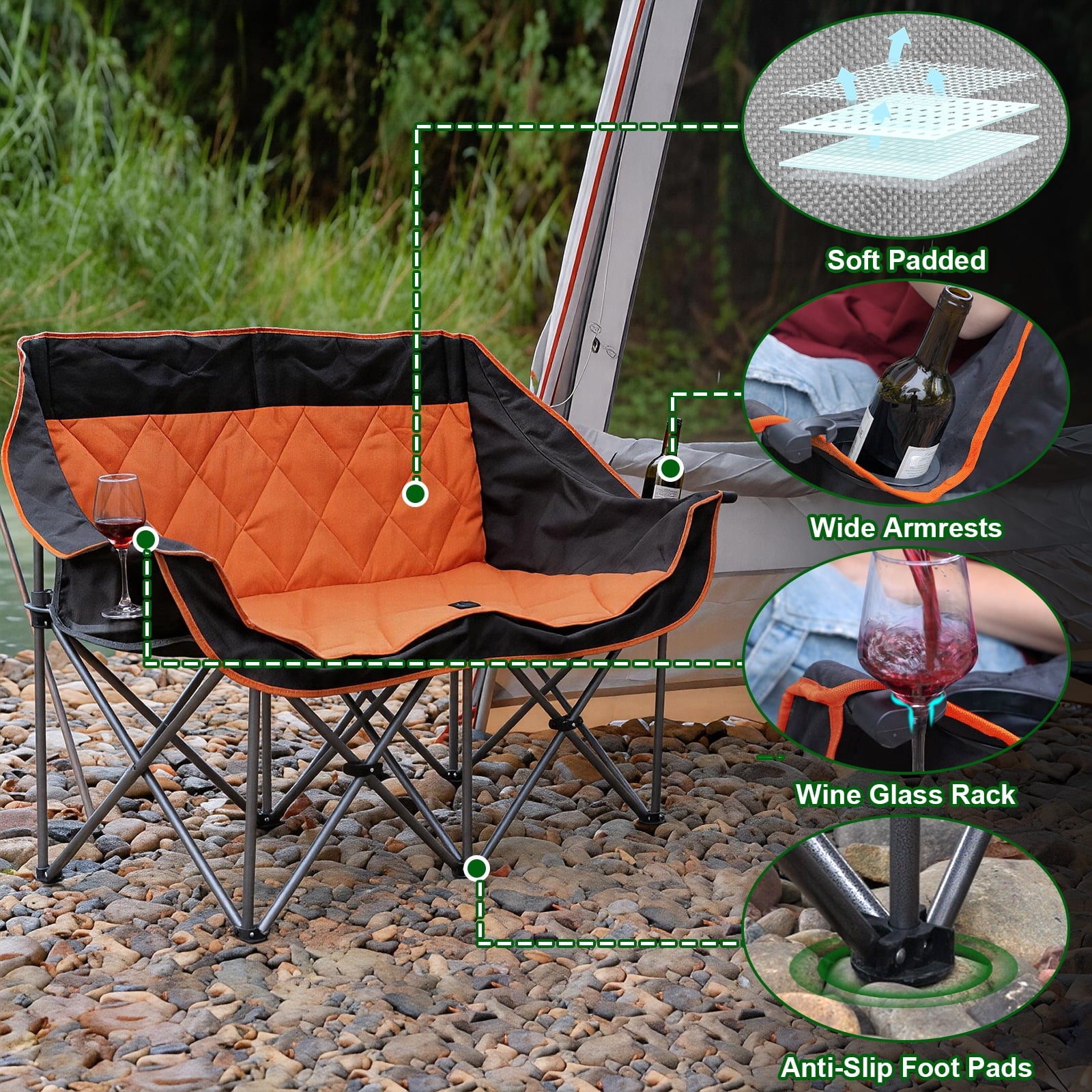 SUNSPIRE Oversized Camping Chair 2 Person Loveseat Heavy Duty Folding Outdoor Couch 750 lbs Padded Double Duo Sofa with Cup Holders Black