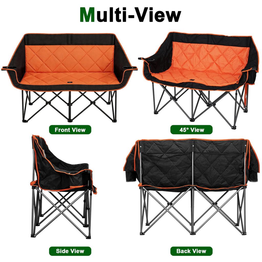 SUNSPIRE Oversized Camping Chair 2 Person Loveseat Heavy Duty Folding Outdoor Couch 750 lbs Padded Double Duo Sofa with Cup Holders Black