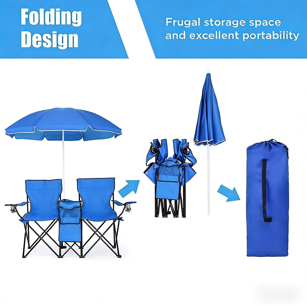 COWIN Outdoor Foldable Picnic Double Chair ,Camping Chairs with Umbrella Camping Double Portable Chairs Folding Beach Chair with Insulation Bag,Backpacking Blue