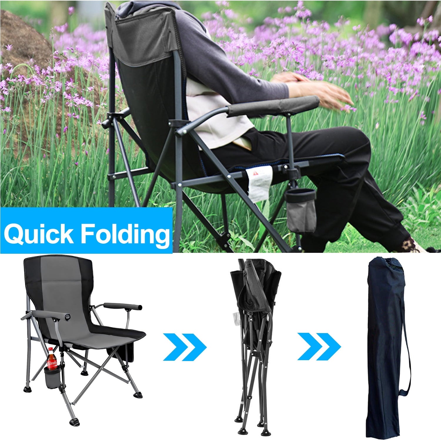 Camping Chairs, 2 Pack Heavy-Duty Steel Frame Supports 450Lbs, Foldable Outdoor Lawn Chair with Cup Holder