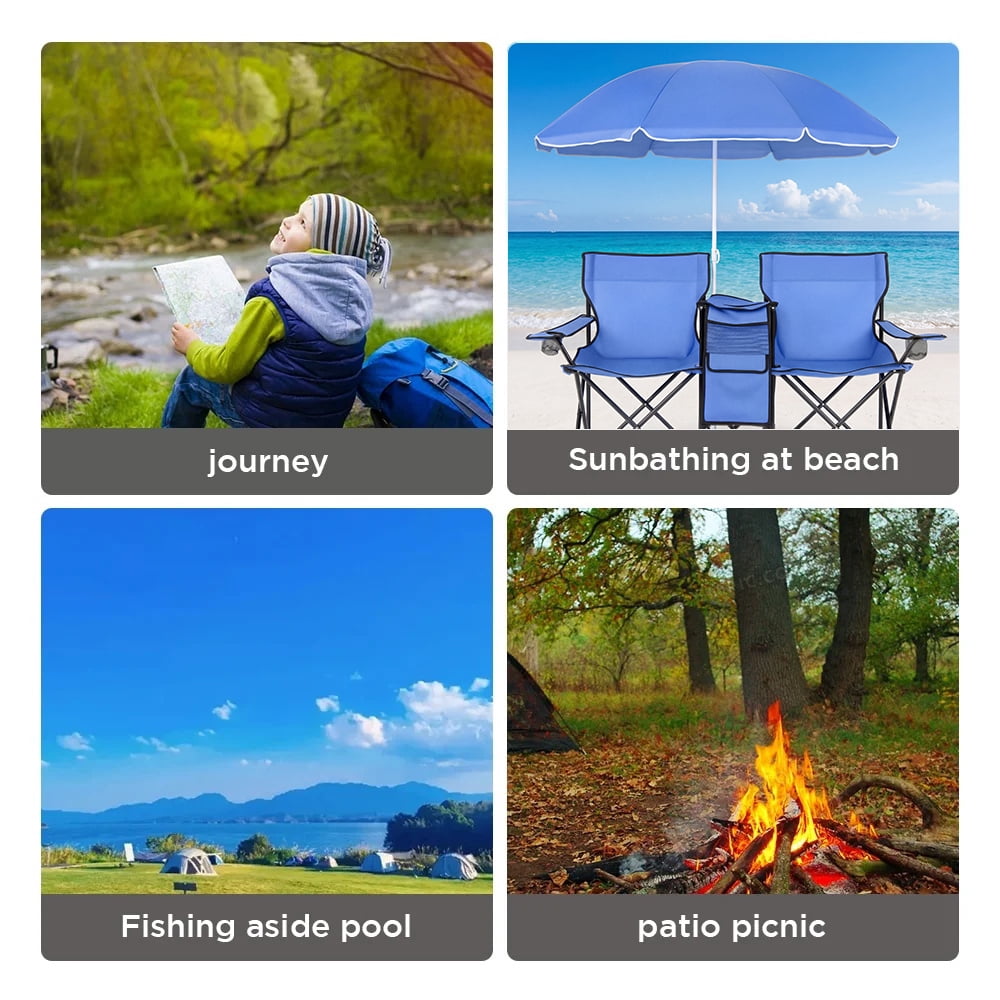 COWIN Outdoor Foldable Picnic Double Chair ,Camping Chairs with Umbrella Camping Double Portable Chairs Folding Beach Chair with Insulation Bag,Backpacking Blue