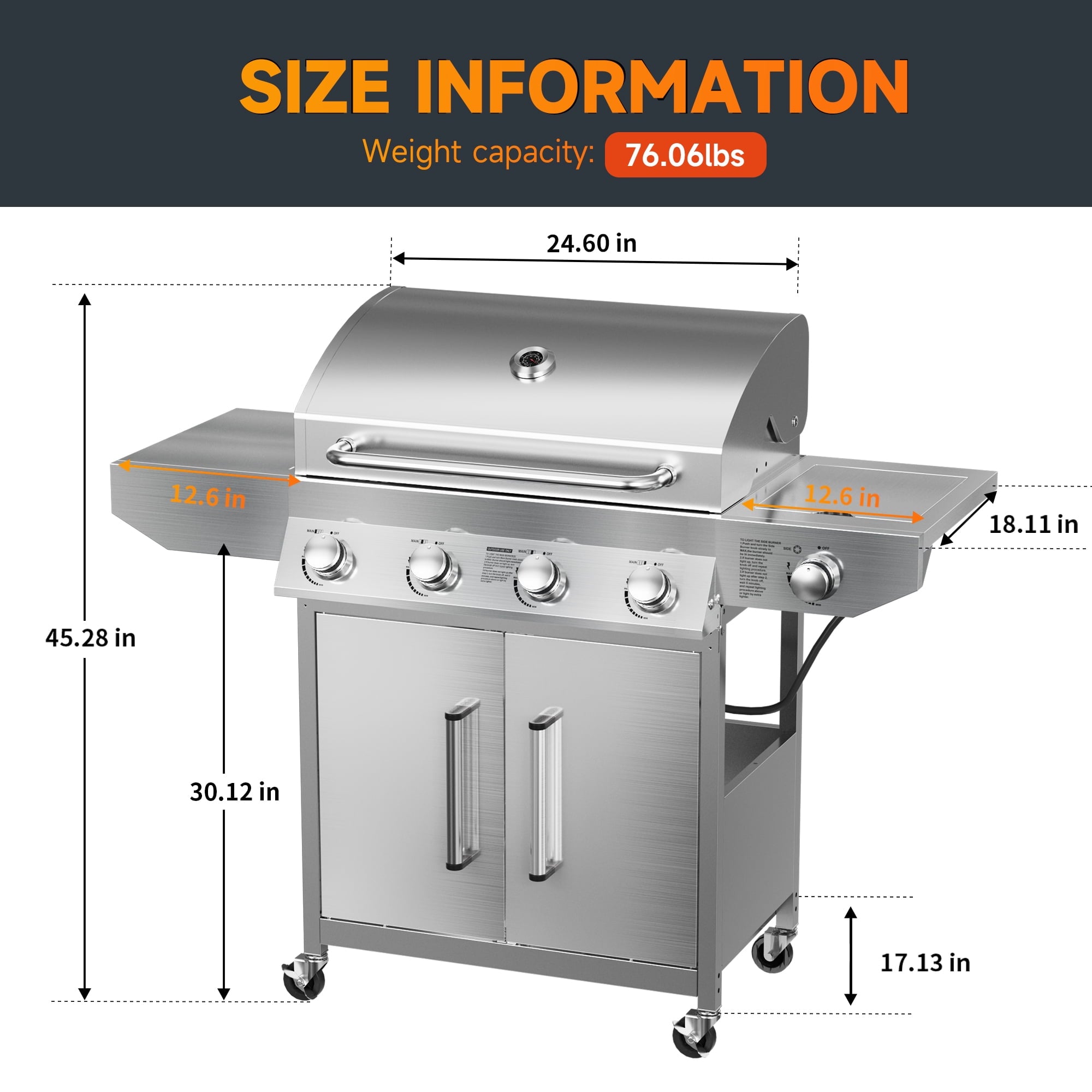 SKOK 4 Burner Gas Grill with Side Burner, 58000 BTU &393 sq.in Cooking Surface, Outdoor Propane Barbecue Grill for Patio & Backyard