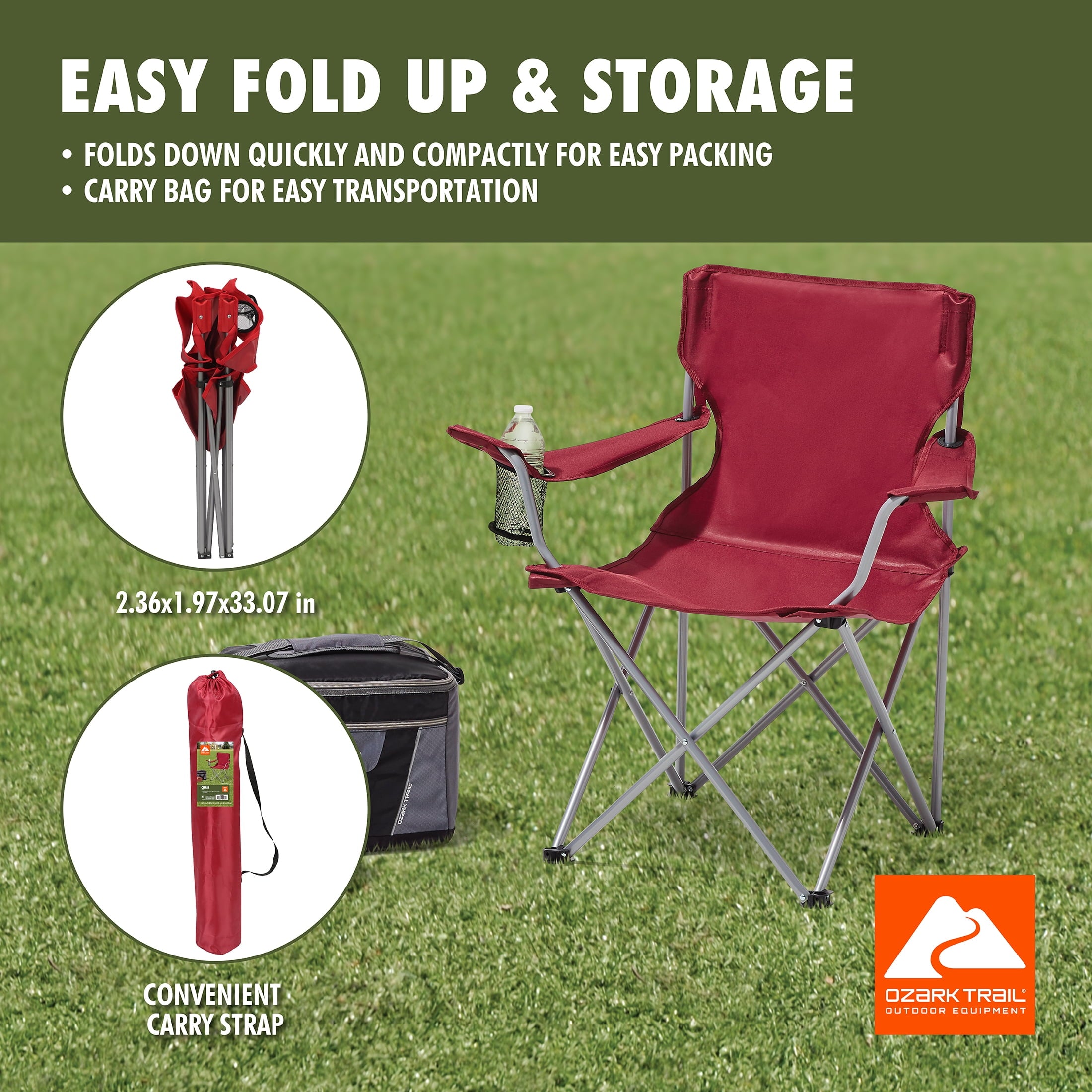 Ozark Trail Quad Folding Camp Chair with Cup Holder, Black