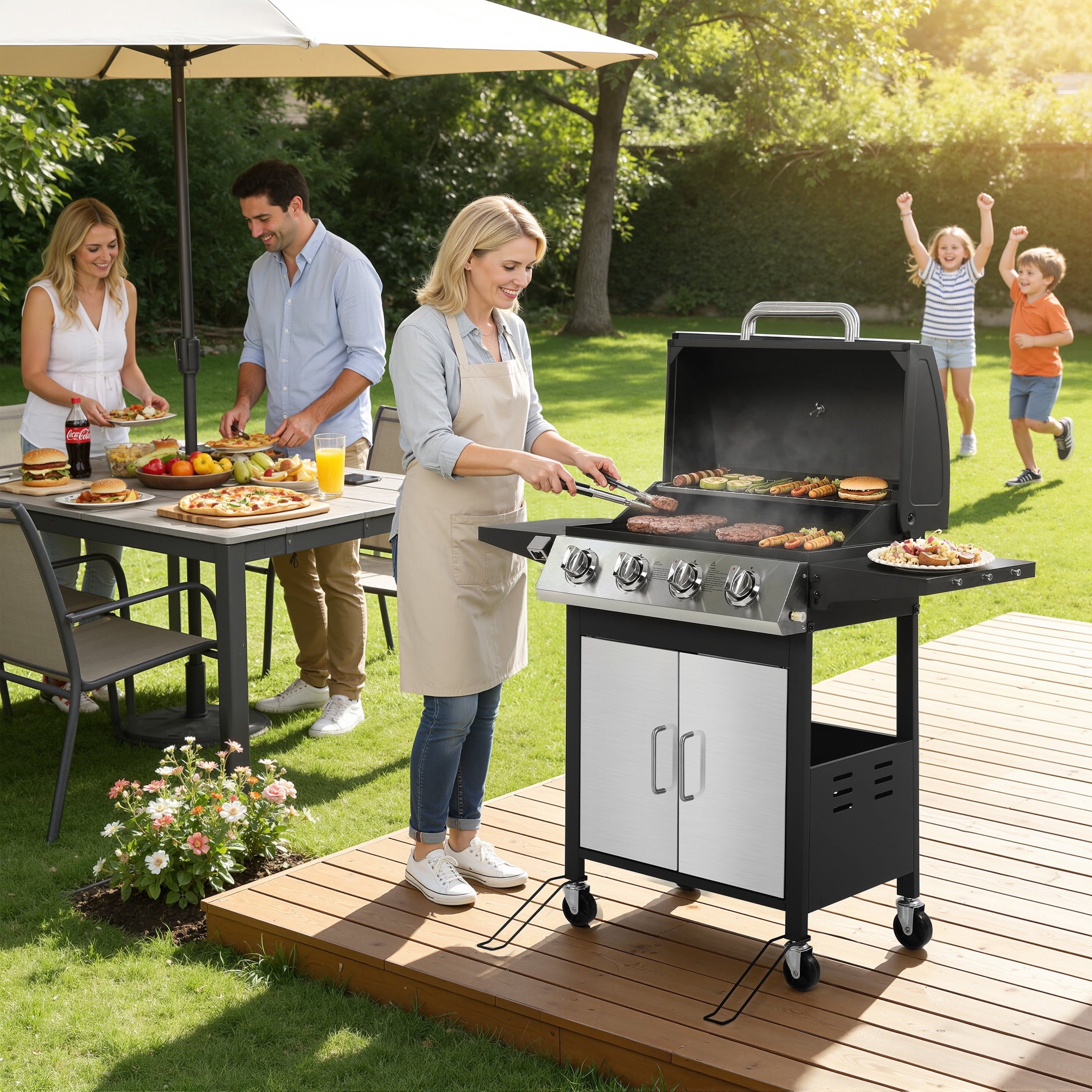 SEGMART 3 Burner BBQ Propane Gas Grill, Stainless Steel 30,000 BTU Patio Garden Barbecue Grill with Side Tables, Cleaning Brush & Thermometer, Perfect for Camping, Outdoor Cooking