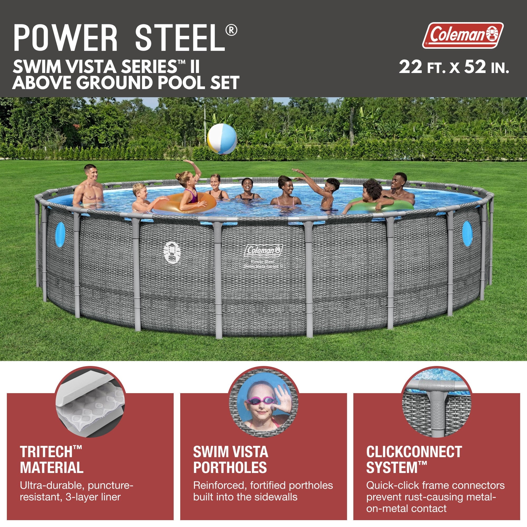 Coleman Power Steel 22’x52” Metal Frame Above Ground Pool w/ Pump, Ladder, & Cover, Gray