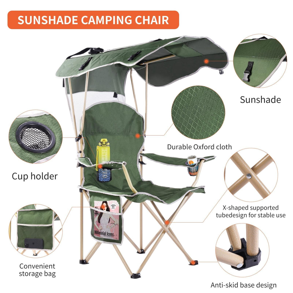 VTOY Camping Chair with Canopy Portable Canopy Camping Chairs with Shade for Outside Folding Beach Chairs with Shade for Adults(Olive Green)