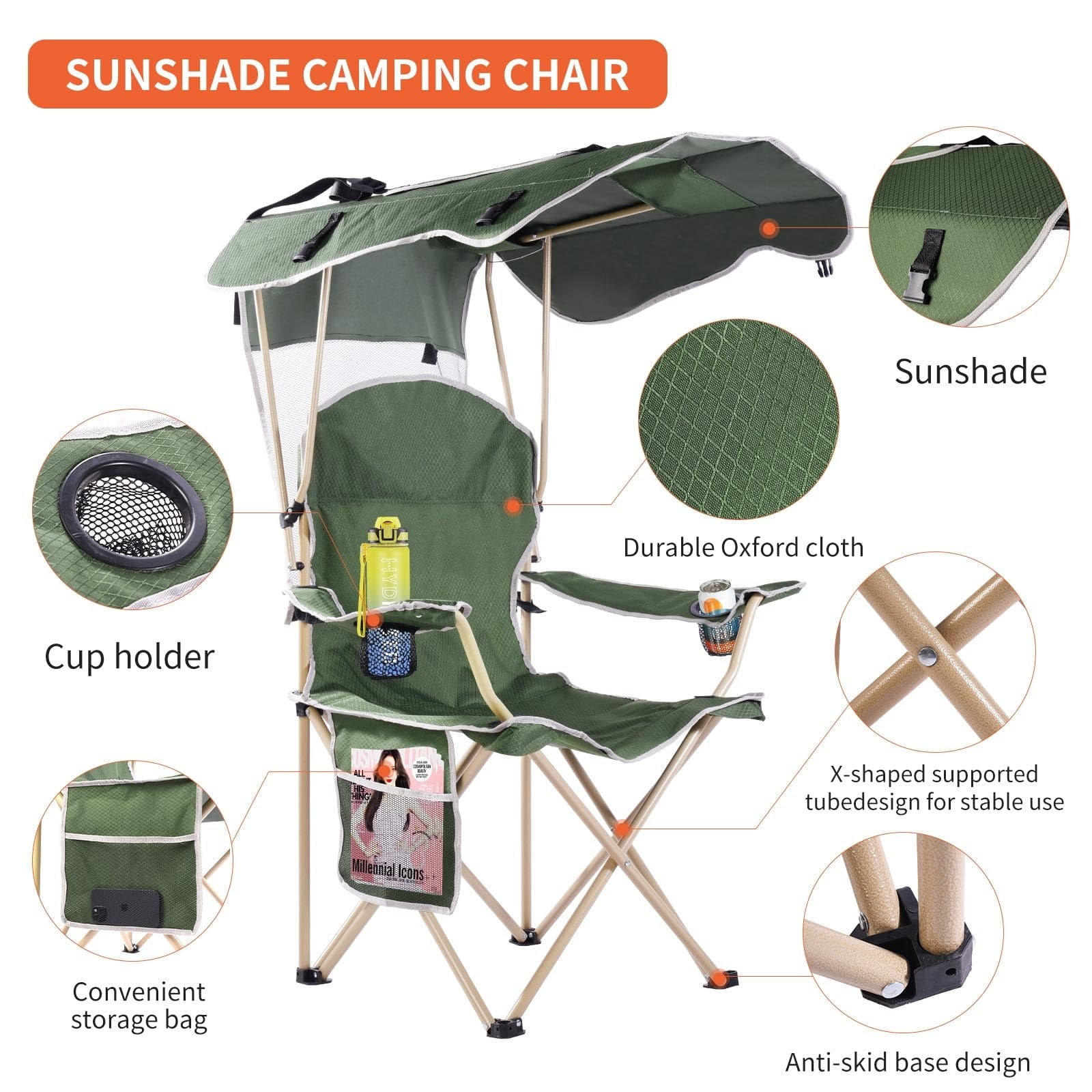 VTOY Camping Chair with Canopy Portable Canopy Camping Chairs with Shade for Outside Folding Beach Chairs with Shade for Adults(Olive Green)