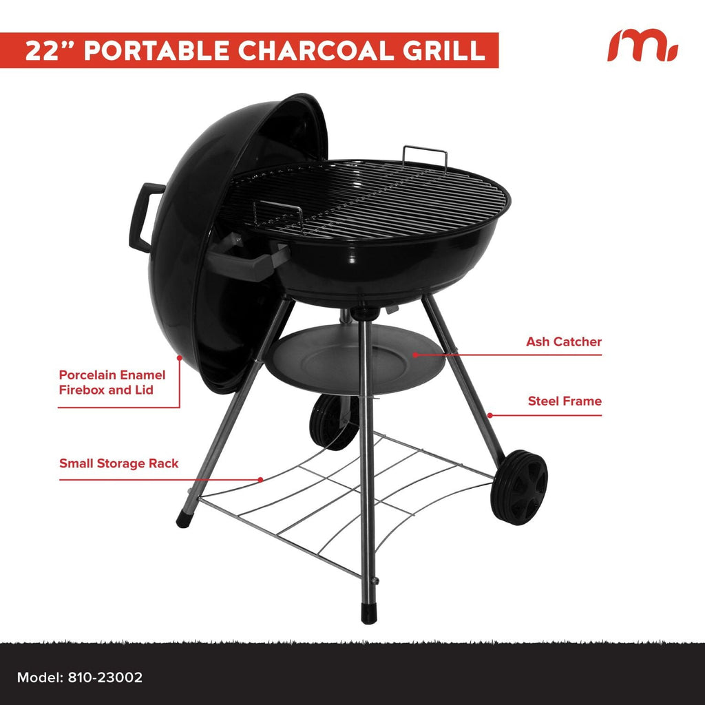 Megamaster – 22 Deluxe Charcoal Barbecue Grill with Adjustable Air Vent, Built-In Temperature Gauge, 368 SQ. In Cooking Area, Storage Rack, Portable Grill for Camping, Picnics, and More - 810-23003