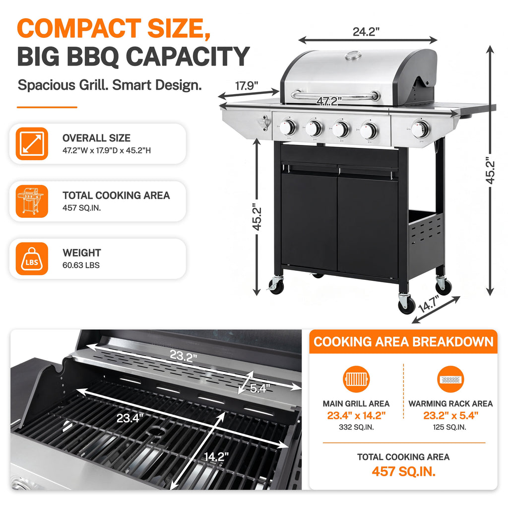 Segmart 3 Burner Propane Gas Grill with Side Burner, 37,000 BTU Outdoor Cooking BBQ Grill with Porcelain-Enameled Cast Iron Grates, Equipped with Temperature, Tool Hooks, and Bottle Opener