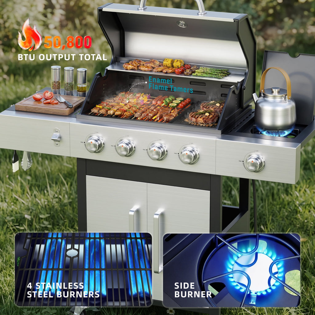 Biotree 3 Burner Gas Grill with Side Burner,40800 BTU Barbecue Grill Propane Stainless Steel BBQ Grill with Porcelain-Enameled Cast Iron Grates for Outdoor Cooking