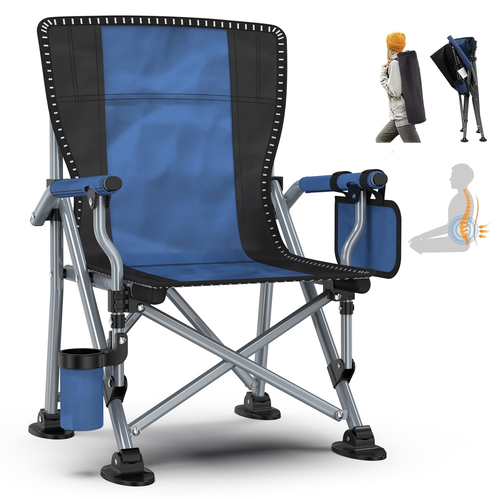 LNOW Folding Camping Chair with Cup Holder & Side Pocket Lightweight Portable Chairs for Beach, Sports, Fishing, ‌‌Black