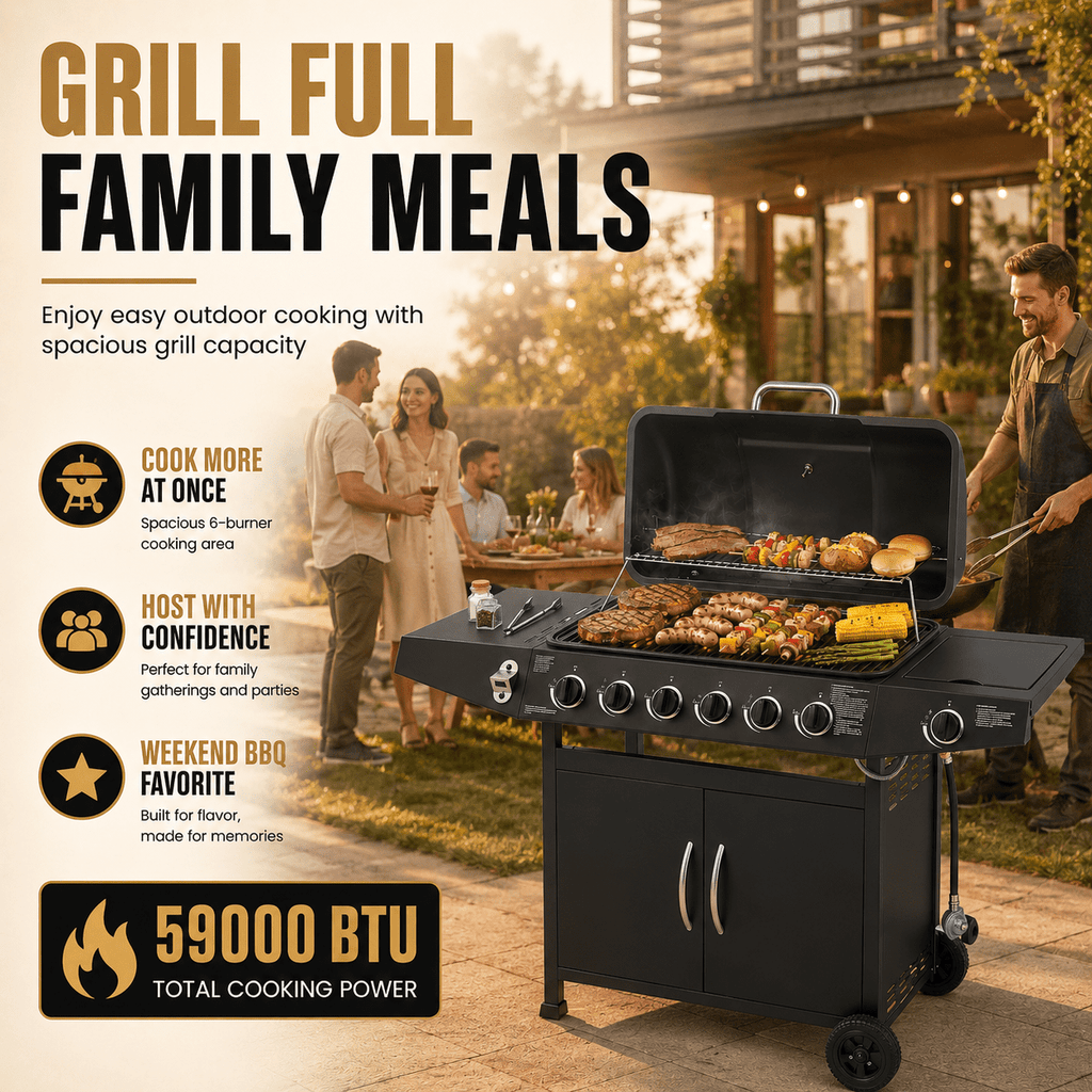 6-Burner Propane Gas Grill with Side Burner, 59000 BTU Outdoor BBQ Grill with Porcelain-Enameled Grates, Warming Rack, Side Tables, Bottle Opener, Thermometer and Wheels for Patio Backyard Cooking
