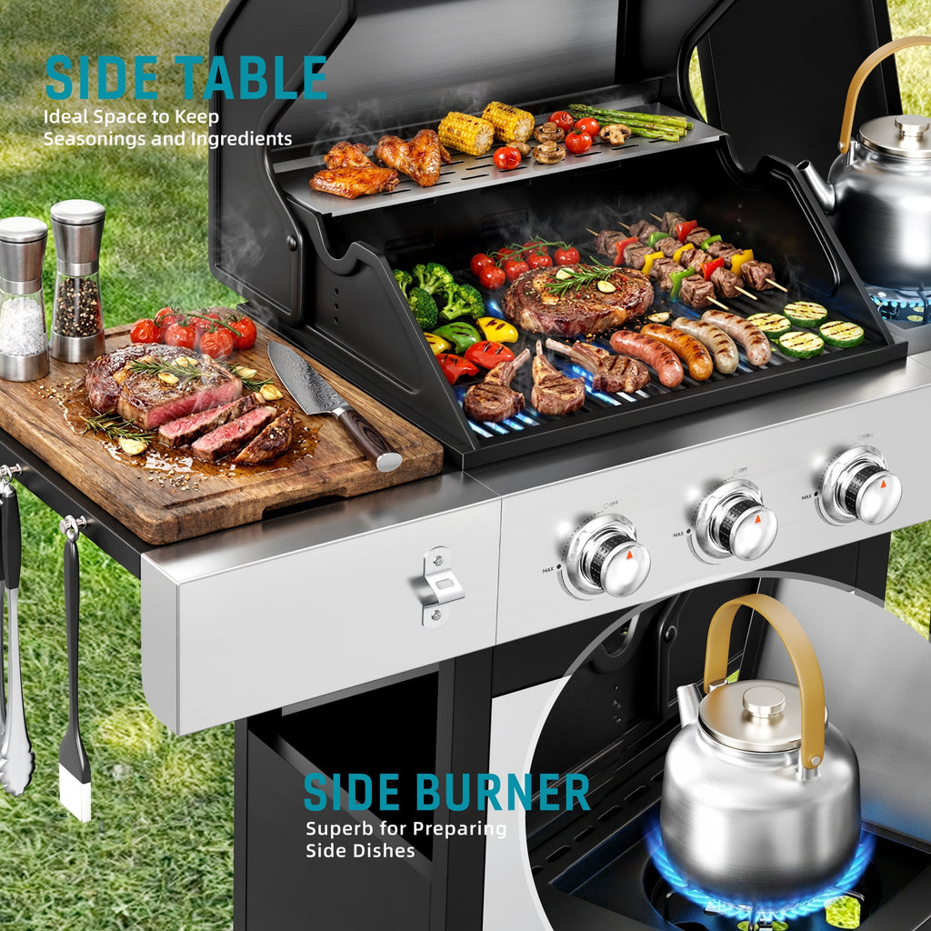 Biotree 3 Burner Gas Grill with Side Burner,40800 BTU Barbecue Grill Propane Stainless Steel BBQ Grill with Porcelain-Enameled Cast Iron Grates for Outdoor Cooking