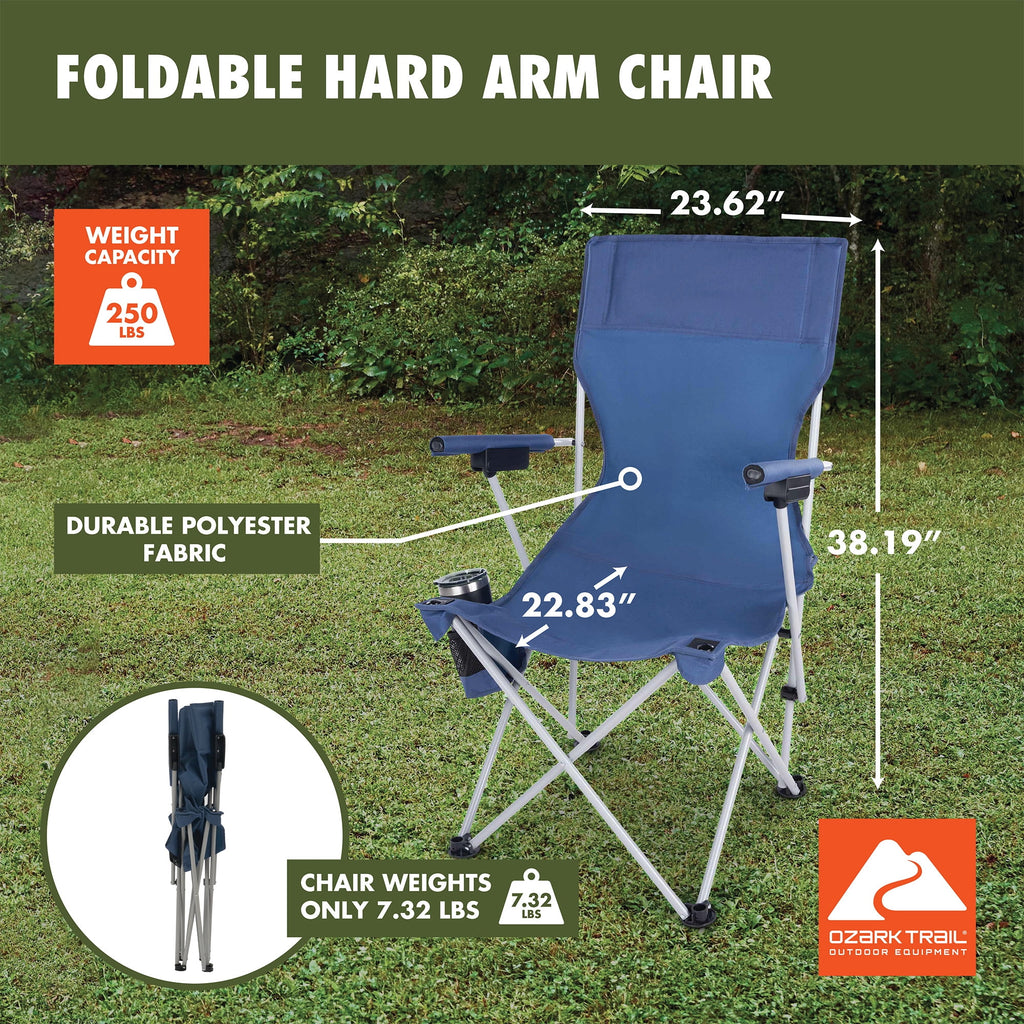 Ozark Trail Hard Arm Camping Chair with Durable Polyester Seat and Steel Frame, Portable with Cup Holder