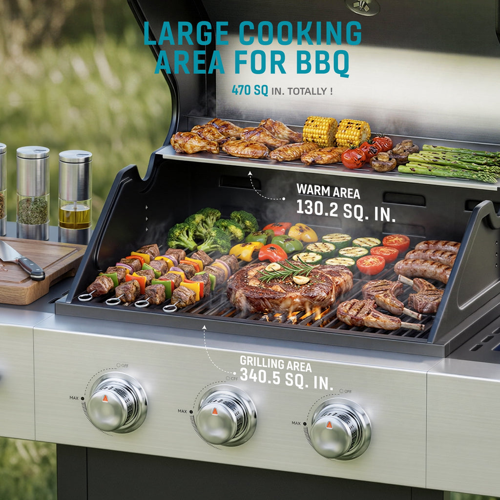 Biotree 3 Burner Gas Grill with Side Burner,40800 BTU Barbecue Grill Propane Stainless Steel BBQ Grill with Porcelain-Enameled Cast Iron Grates for Outdoor Cooking