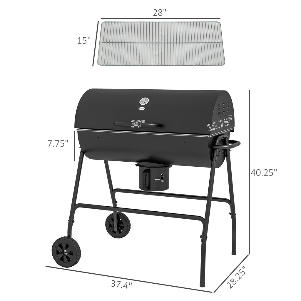 Outsunny Barrel Charcoal BBQ Grill with 420 sq.in. Cooking Area, Wheeled Outdoor Barbecue, Black