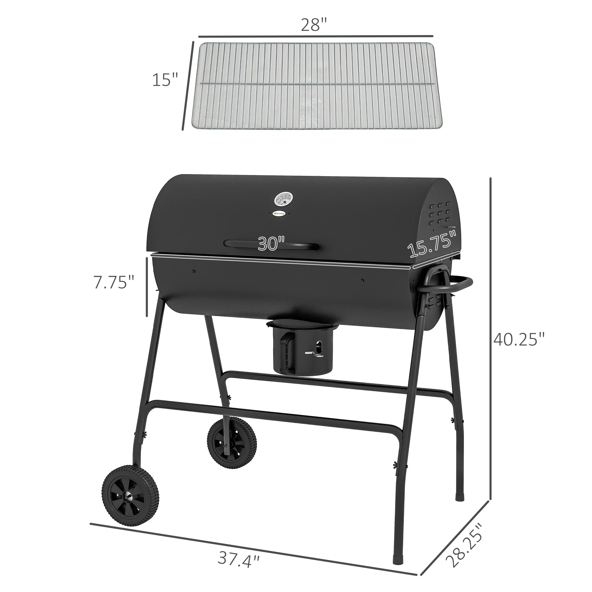 Outsunny Barrel Charcoal BBQ Grill with 420 sq.in. Cooking Area, Wheeled Outdoor Barbecue, Black
