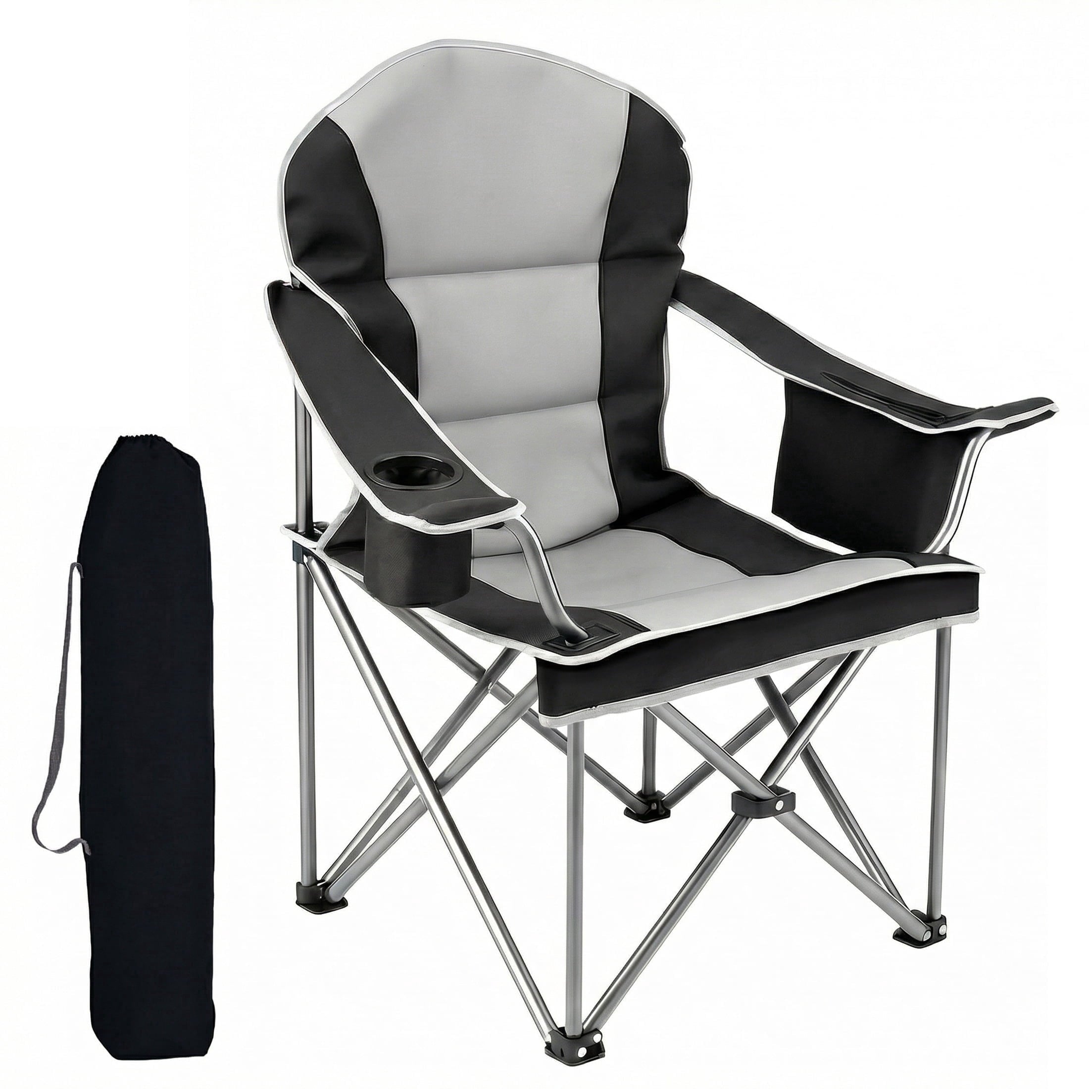 EDX Heavy Duty Camping Chair 500 lb Capacity, Oversized Extra Wide for Adults, Padded High Back Folding Lawn Chair, 500 lbs Steel Frame, Portable Outdoor Camping Chair with Cup Holder, Red Gray