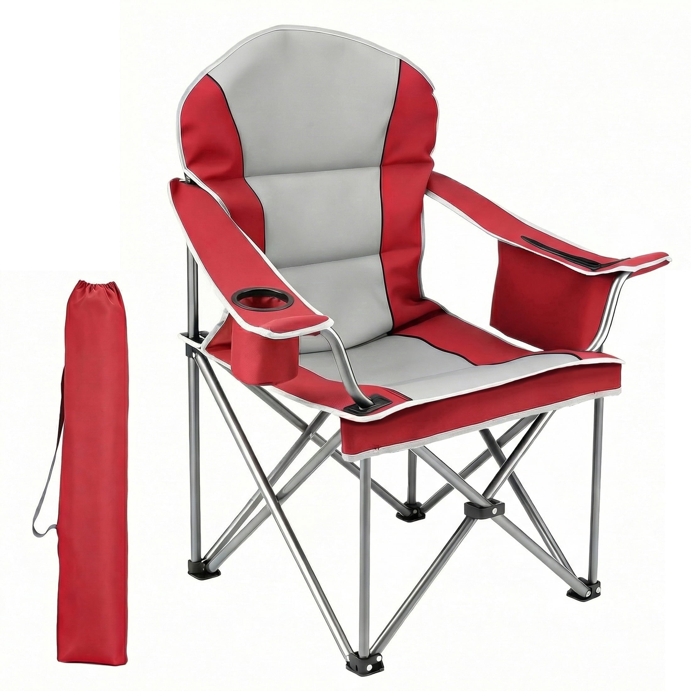 EDX Heavy Duty Camping Chair 500 lb Capacity, Oversized Extra Wide for Adults, Padded High Back Folding Lawn Chair, 500 lbs Steel Frame, Portable Outdoor Camping Chair with Cup Holder, Red Gray