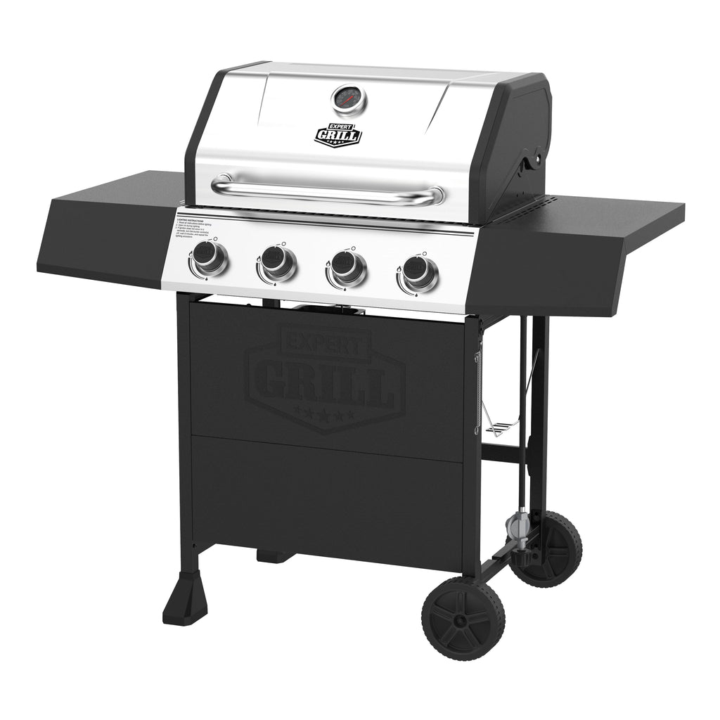 Expert Grill, 4-Burner Propane Gas Grill with Side Table and Wheels, Stainless Steel