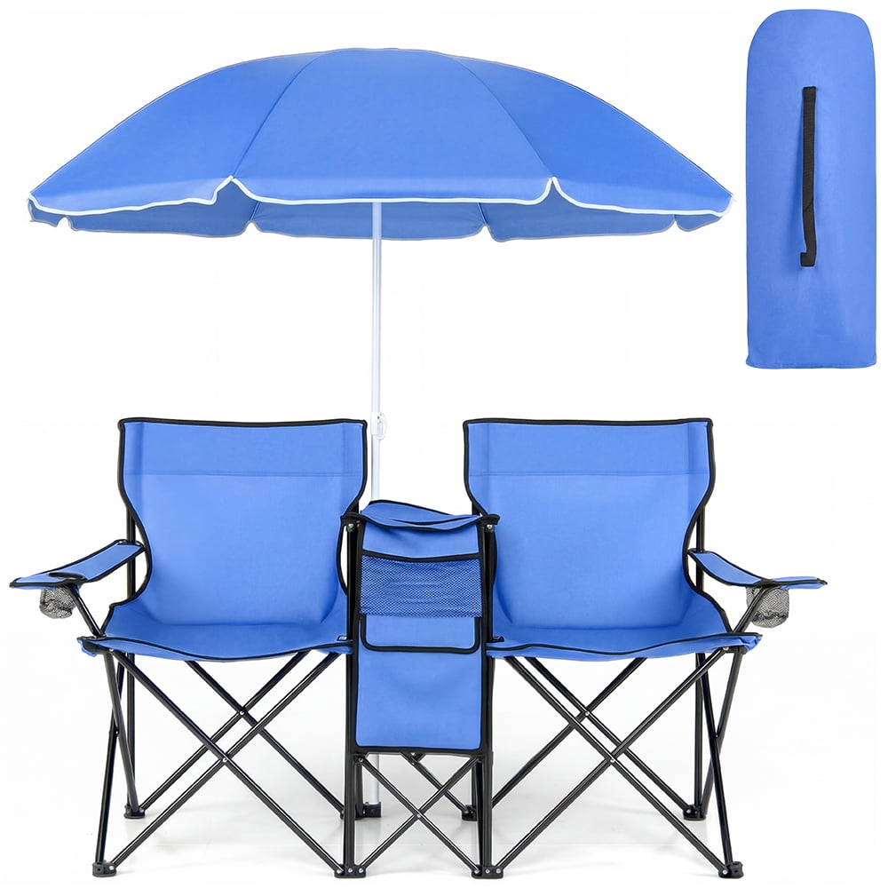 COWIN Outdoor Foldable Picnic Double Chair ,Camping Chairs with Umbrella Camping Double Portable Chairs Folding Beach Chair with Insulation Bag,Backpacking Blue