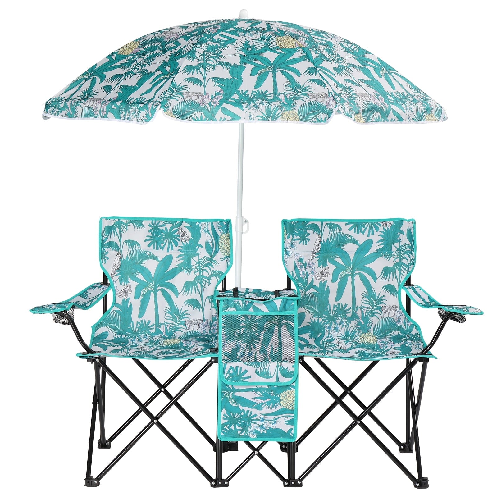 Ktaxon Camping Loveseat Chair, Folding Double Outdoor Chair with Removable Sun Umbrella & Carrying Bag, Double Chairs with Cooler Bag for Lawn Fishing Outdoor, Gray